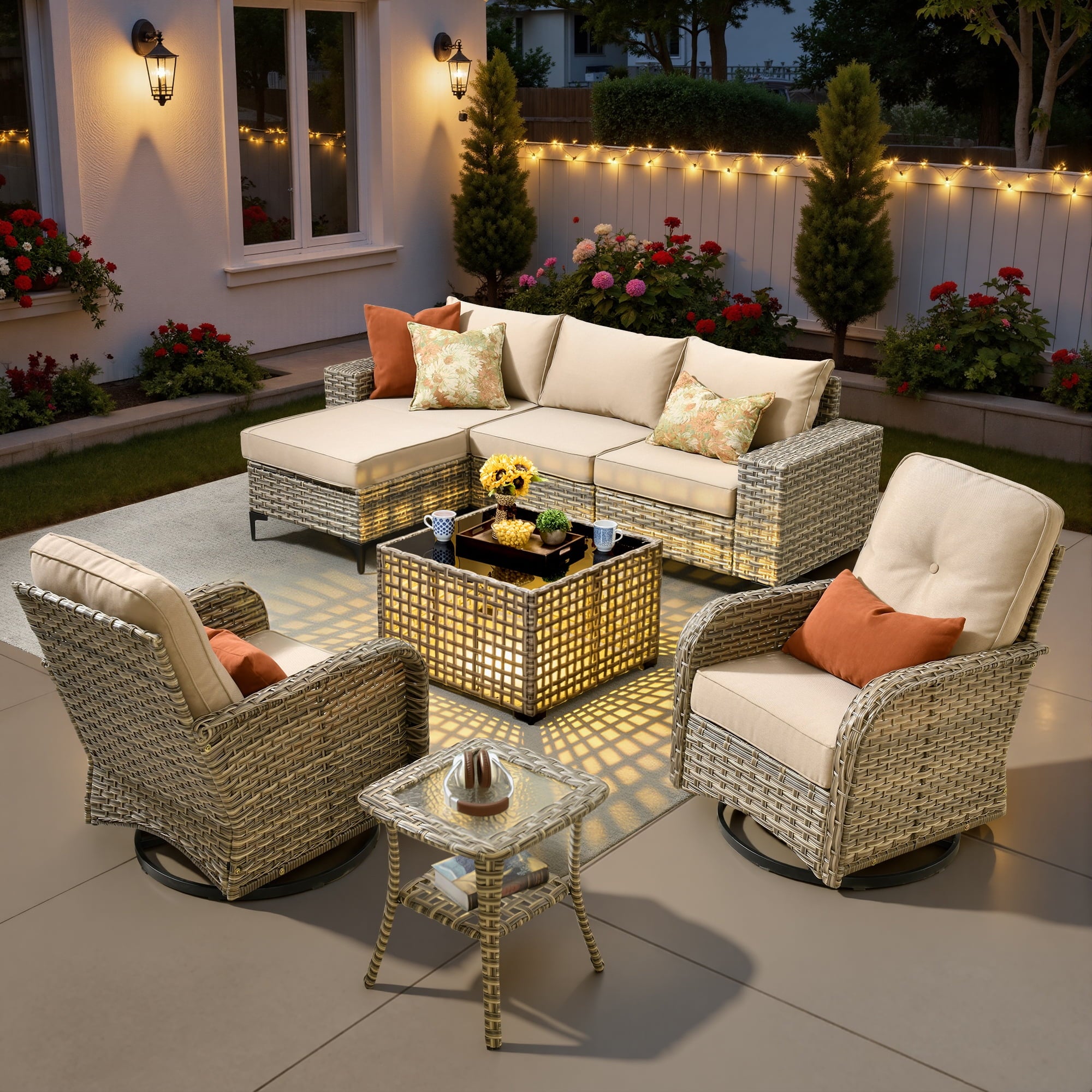 Ovios 8 Pieces Wicker Patio Furniture Sets Outdoor Conversation Sectional Sofa with Swivel Chairs & Solar Light Table