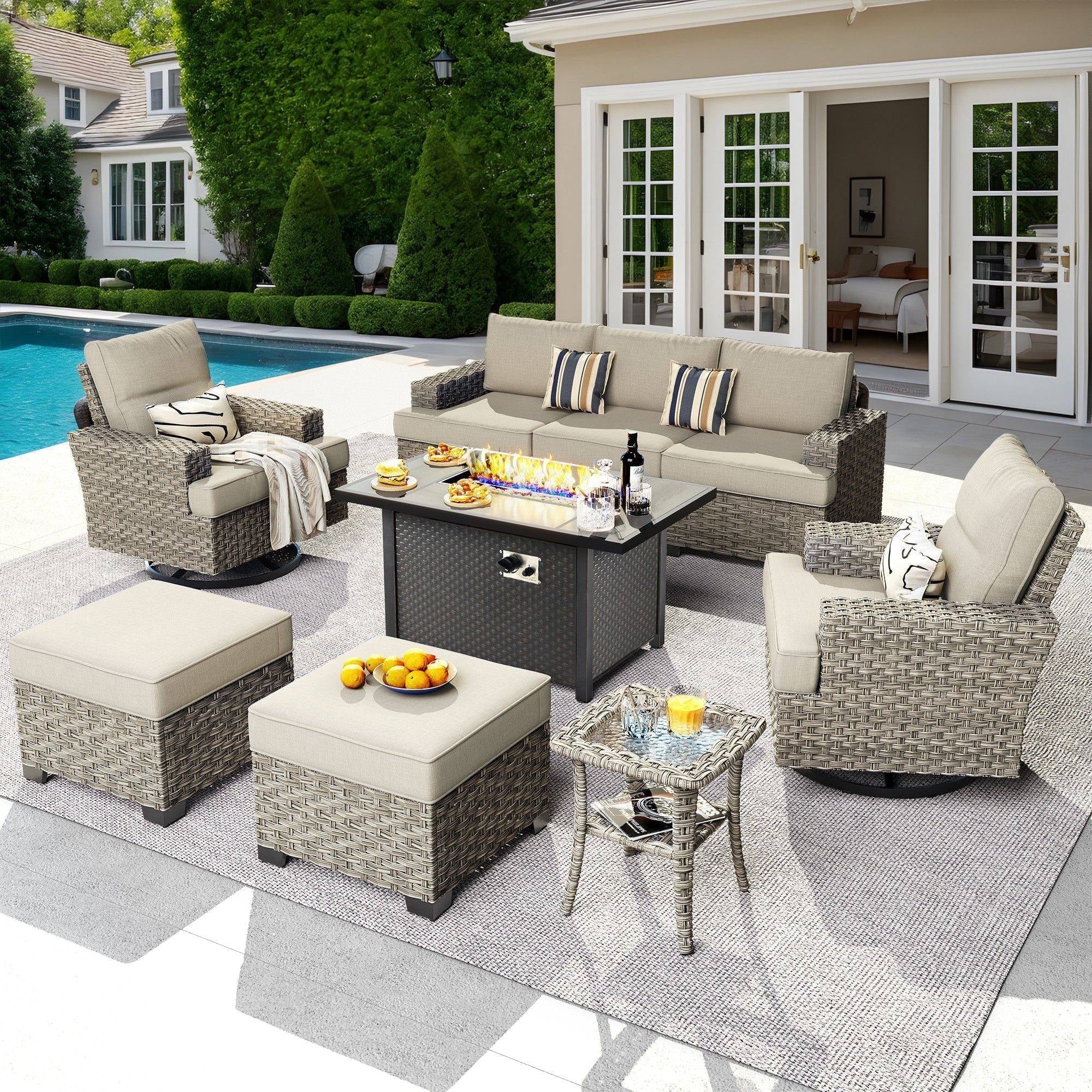Ovios 9 Pieces Outdoor Patio Furniture with Gas Propane Fire Pit Table All-Weather Rattan Wicker Conversation Set with Swivel Rocking Chair & Ottoman for Backyard