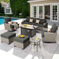 Ovios 9 Pieces Outdoor Patio Furniture with Gas Propane Fire Pit Table All-Weather Rattan Wicker Conversation Set with Swivel Rocking Chair & Ottoman for Backyard