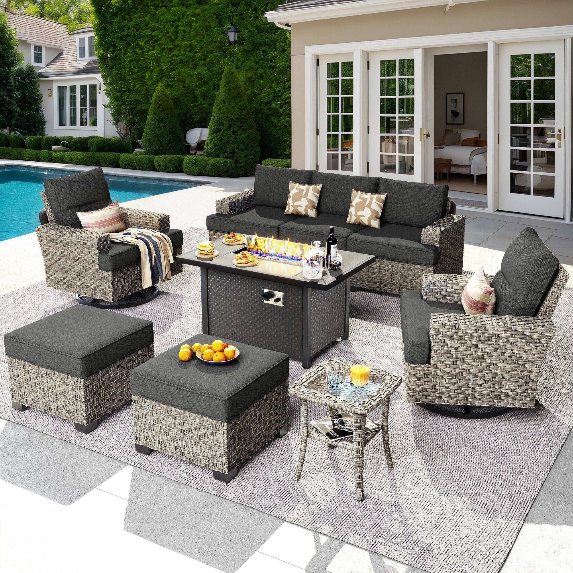 Ovios 9 Pieces Outdoor Patio Furniture with Gas Propane Fire Pit Table All-Weather Rattan Wicker Conversation Set with Swivel Rocking Chair & Ottoman for Backyard