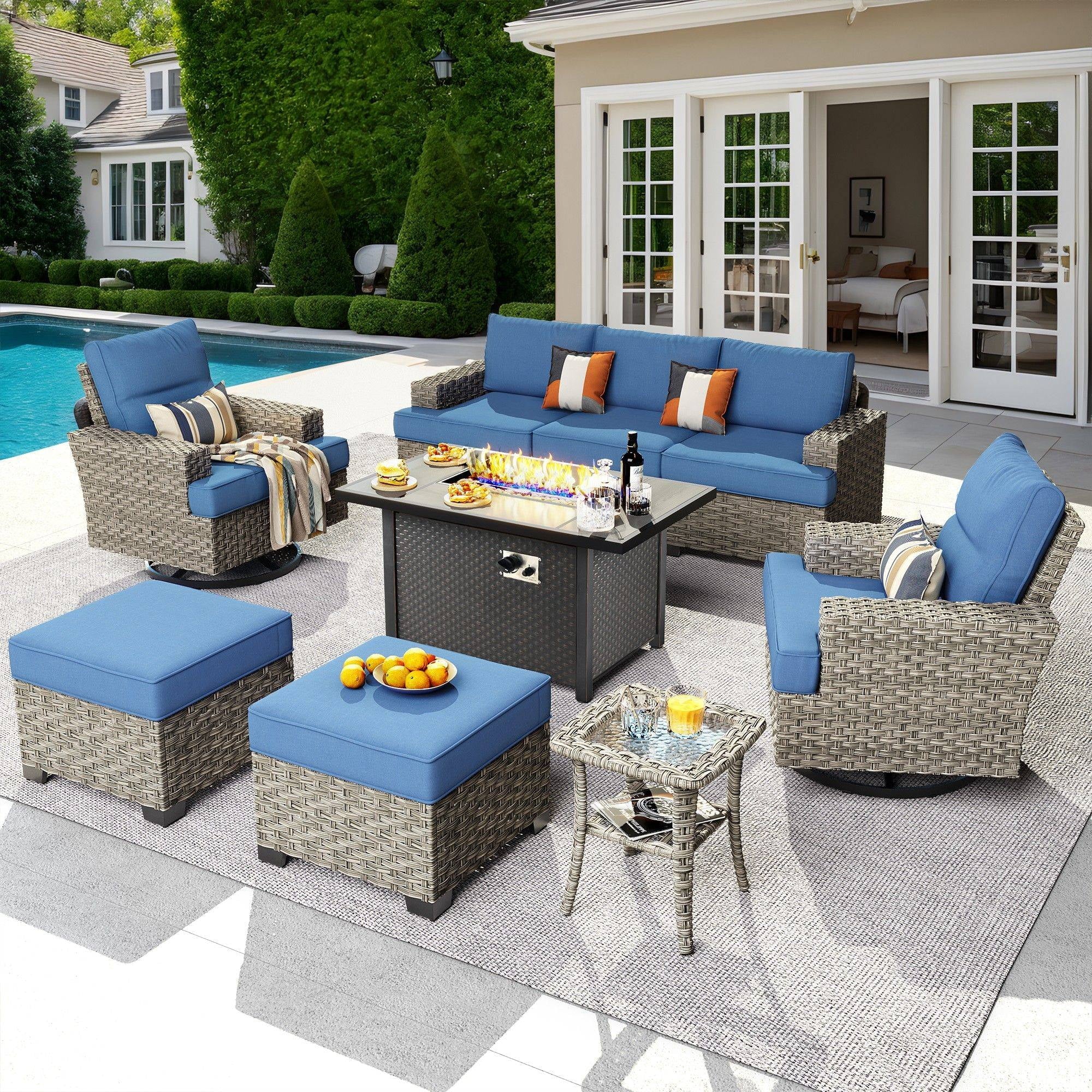 Ovios 9 Pieces Outdoor Patio Furniture with Gas Propane Fire Pit Table All-Weather Rattan Wicker Conversation Set with Swivel Rocking Chair & Ottoman for Backyard