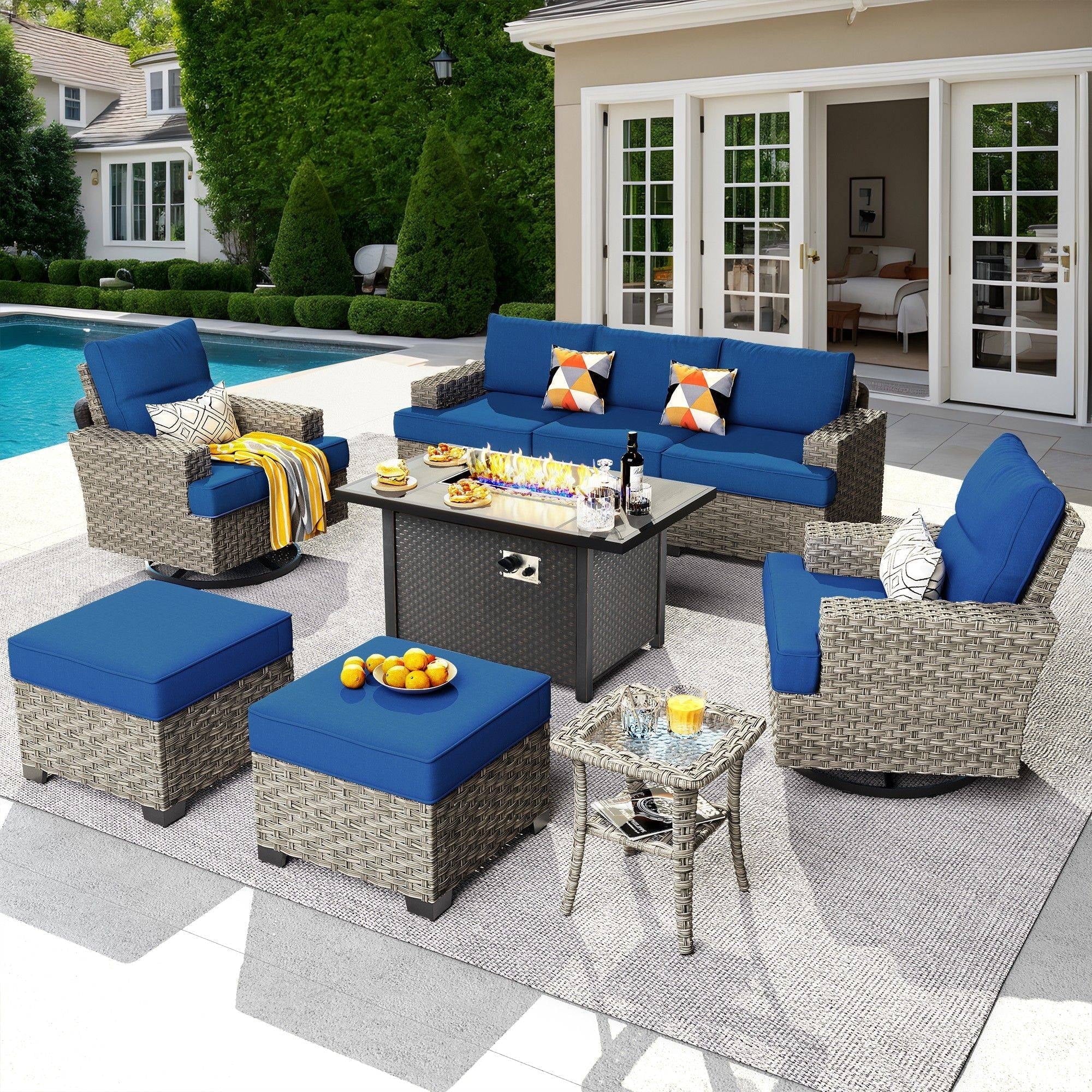 Ovios 9 Pieces Outdoor Patio Furniture with Gas Propane Fire Pit Table All-Weather Rattan Wicker Conversation Set with Swivel Rocking Chair & Ottoman for Backyard