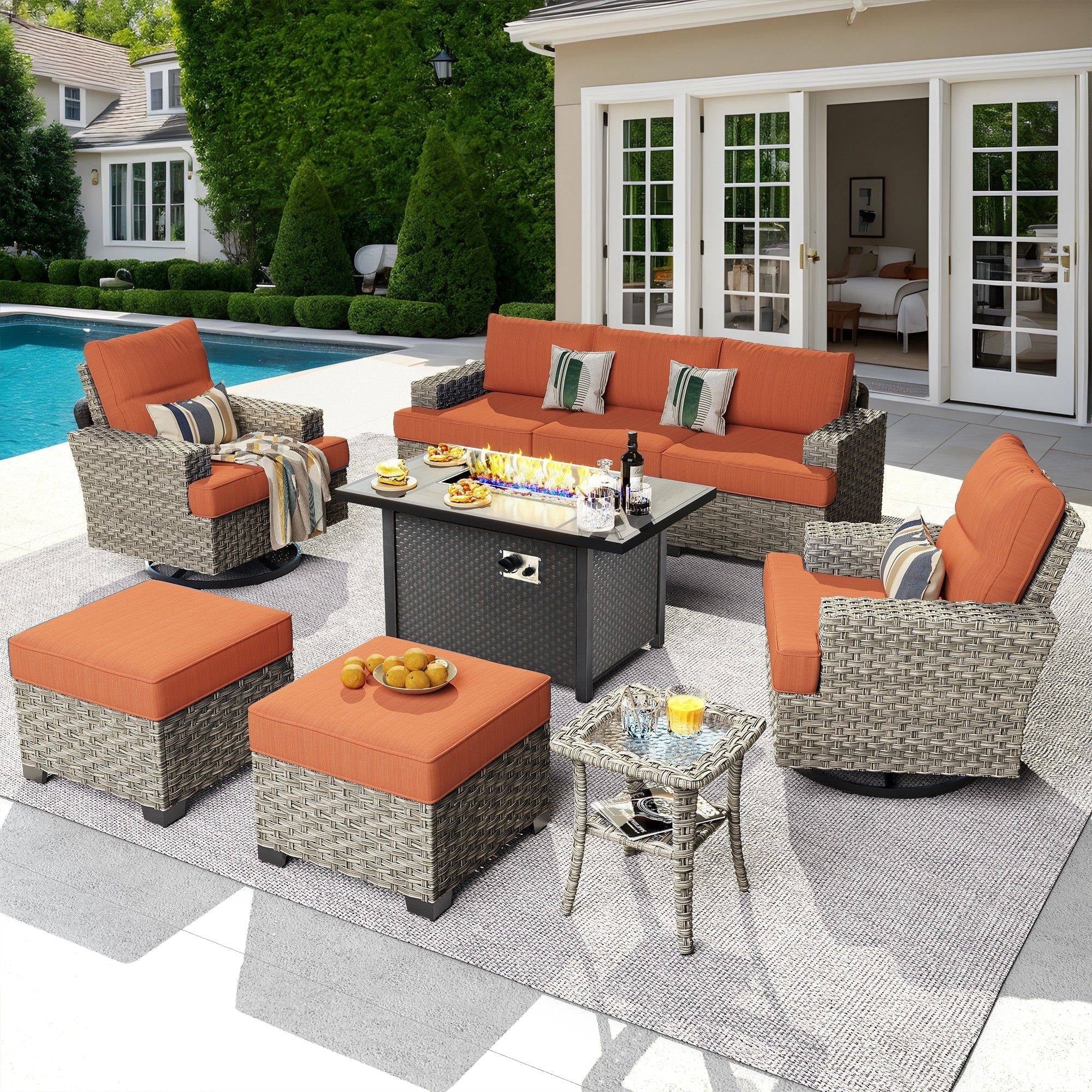 Ovios 9 Pieces Outdoor Patio Furniture with Gas Propane Fire Pit Table All-Weather Rattan Wicker Conversation Set with Swivel Rocking Chair & Ottoman for Backyard