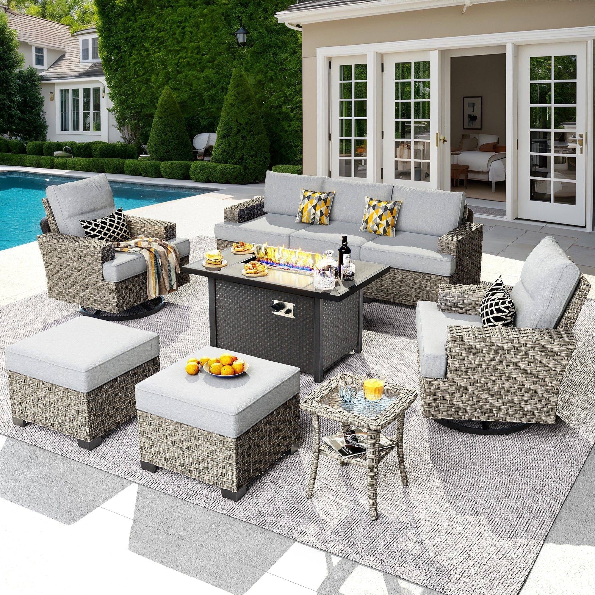 Ovios 9 Pieces Outdoor Patio Furniture with Gas Propane Fire Pit Table All-Weather Rattan Wicker Conversation Set with Swivel Rocking Chair & Ottoman for Backyard