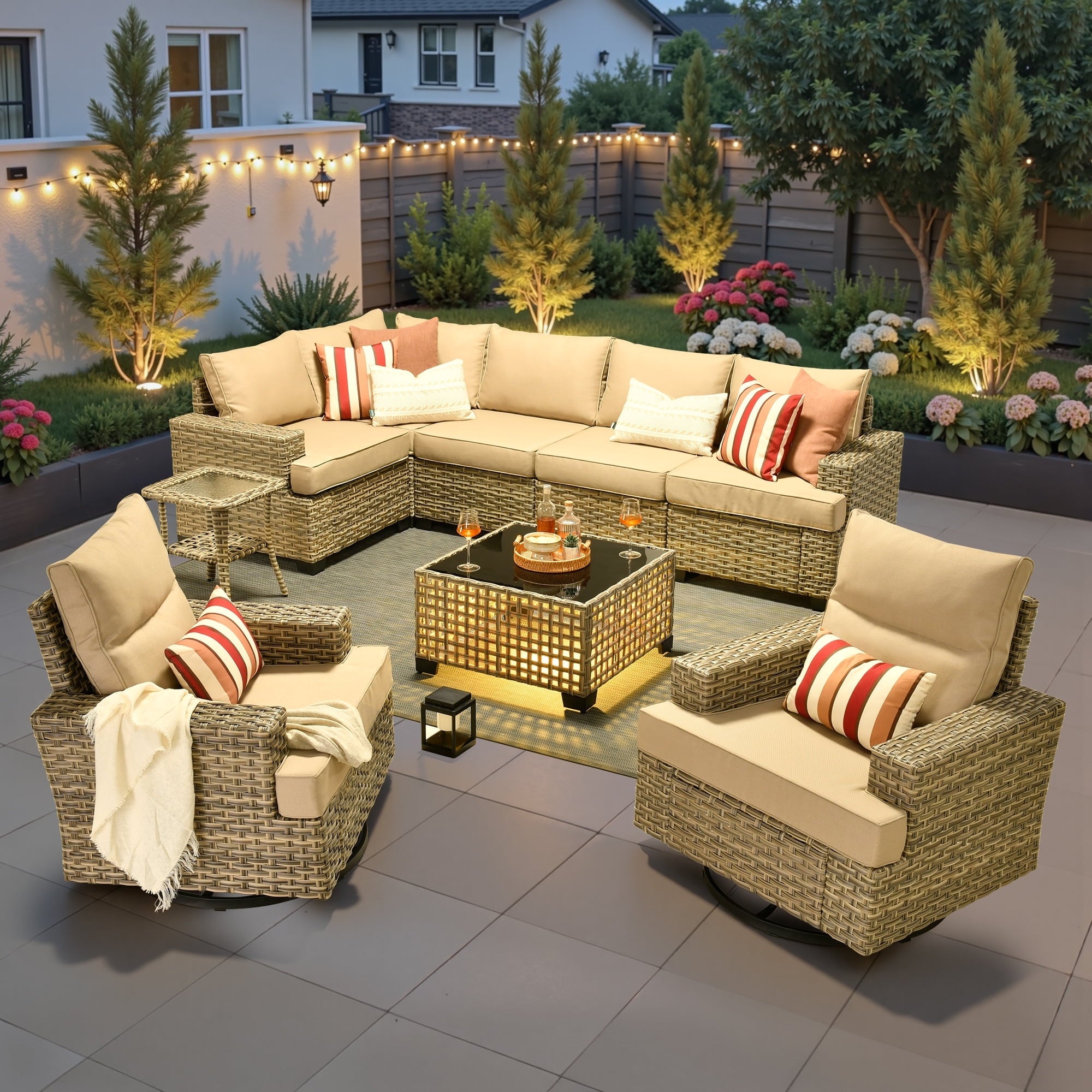 Ovios 9 Pieces Outdoor Patio Furniture with Swivel Chairs High-Back All-Weather Rattan Wicker Conversation Set Outdoor Sectional with Solar Light Coffee Table