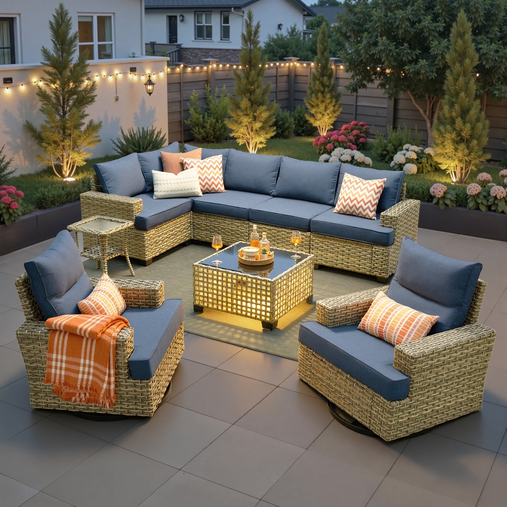 Ovios 9 Pieces Outdoor Patio Furniture with Swivel Chairs High-Back All-Weather Rattan Wicker Conversation Set Outdoor Sectional with Solar Light Coffee Table