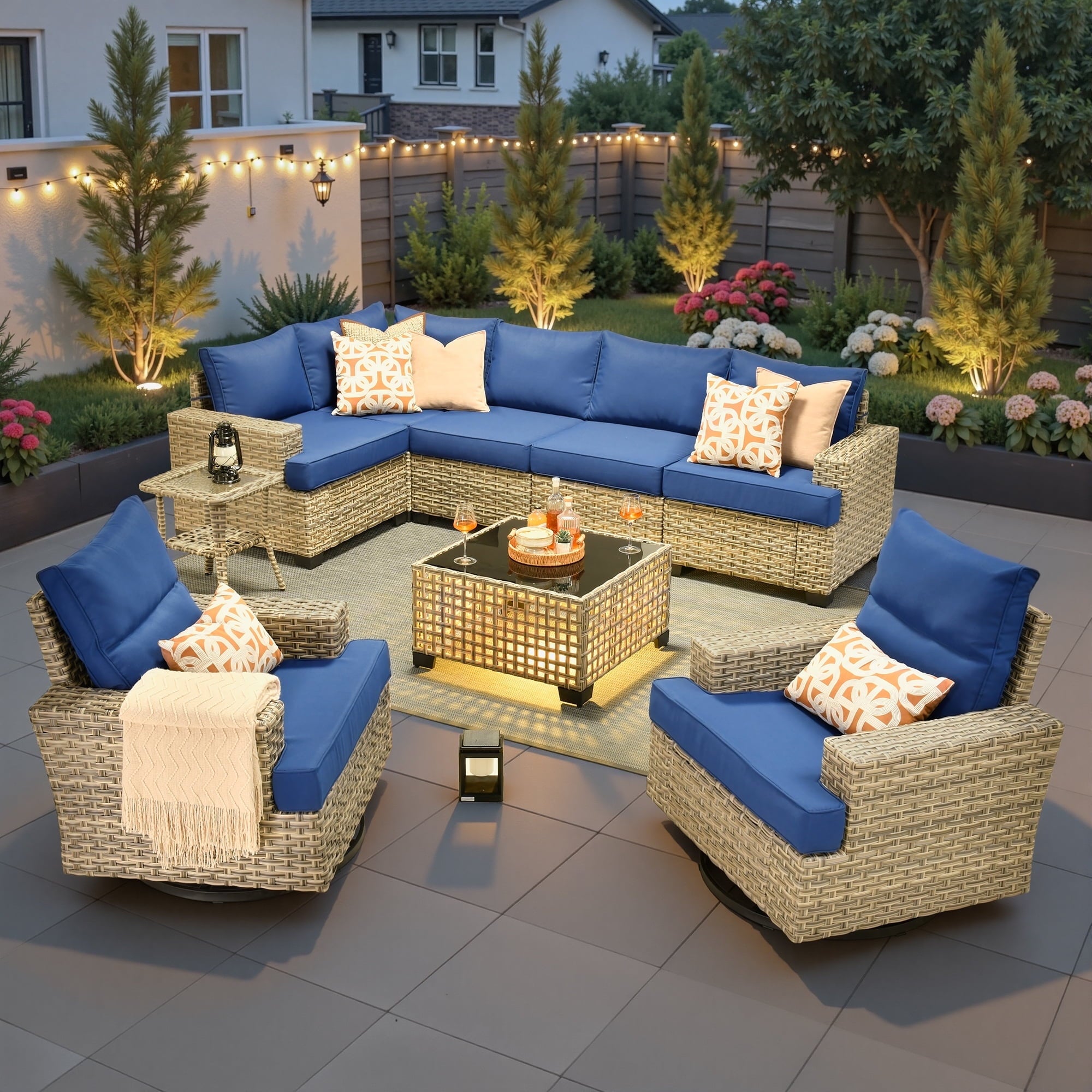 Ovios 9 Pieces Outdoor Patio Furniture with Swivel Chairs High-Back All-Weather Rattan Wicker Conversation Set Outdoor Sectional with Solar Light Coffee Table