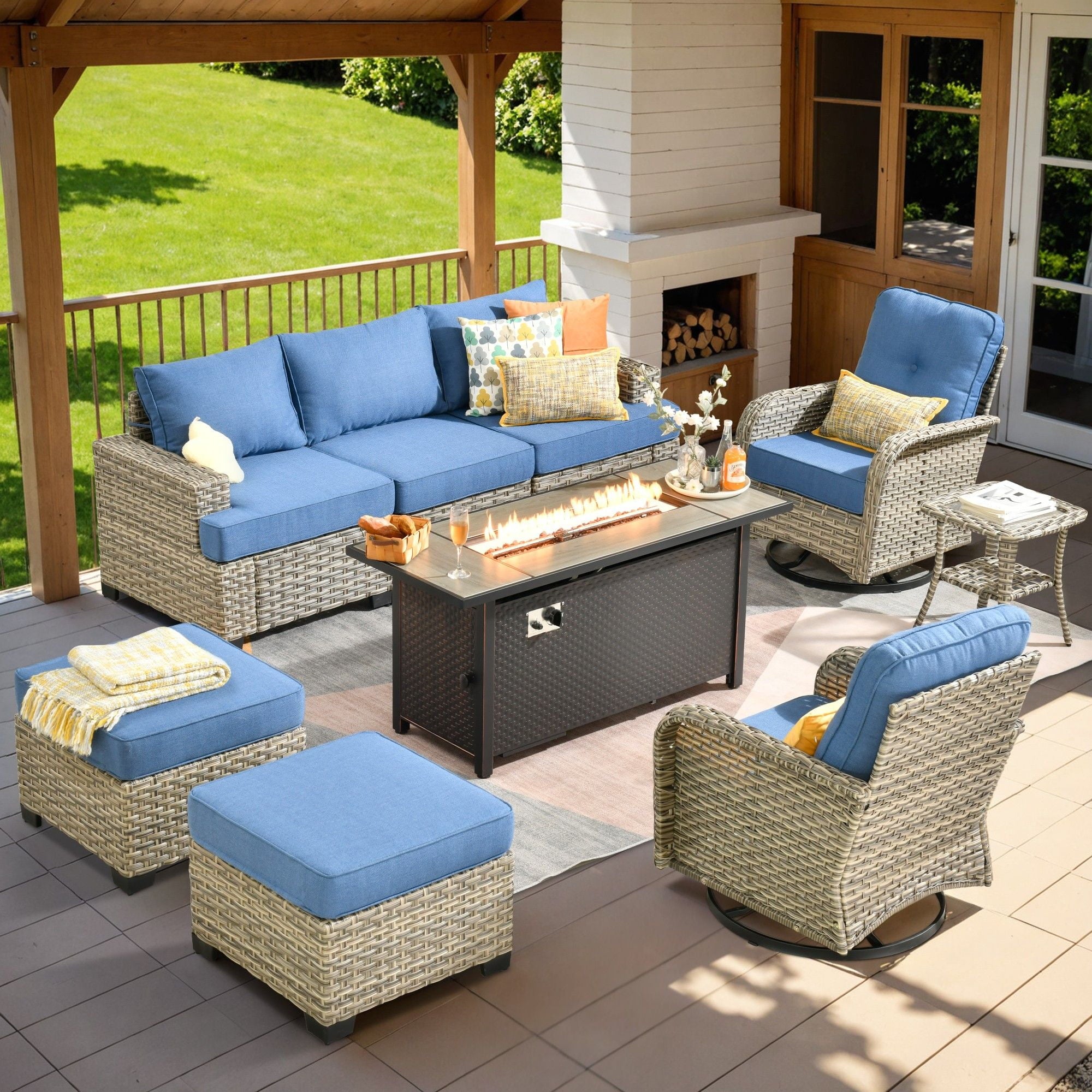 Ovios 9 Pieces Outdoor Patio Sectional Furniture with Gas Propane Fire Pit Table All-Weather Rattan Wicker Conversation Set with Swivel Glider Rocking Chair for Backyard