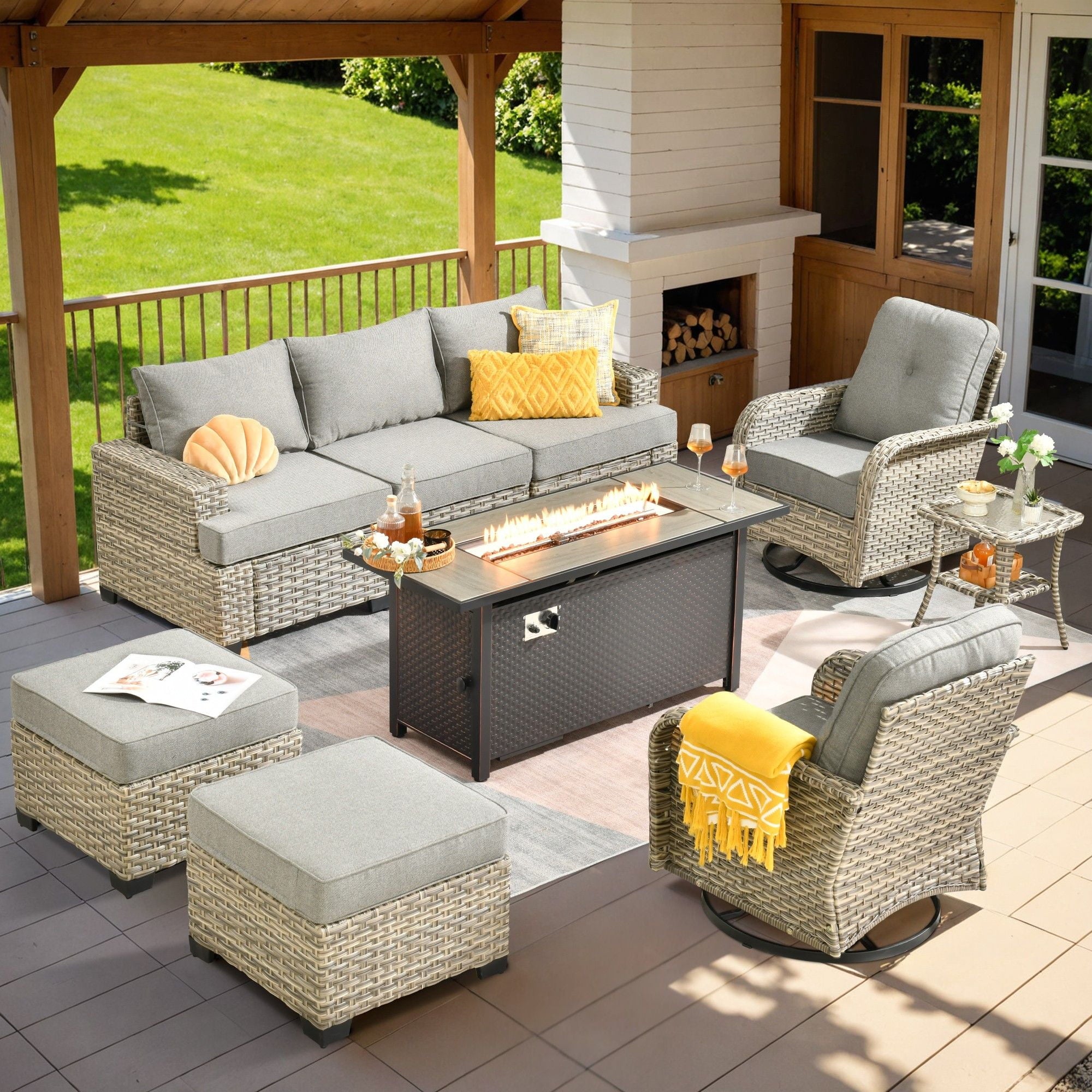 Ovios 9 Pieces Outdoor Patio Sectional Furniture with Gas Propane Fire Pit Table All-Weather Rattan Wicker Conversation Set with Swivel Glider Rocking Chair for Backyard