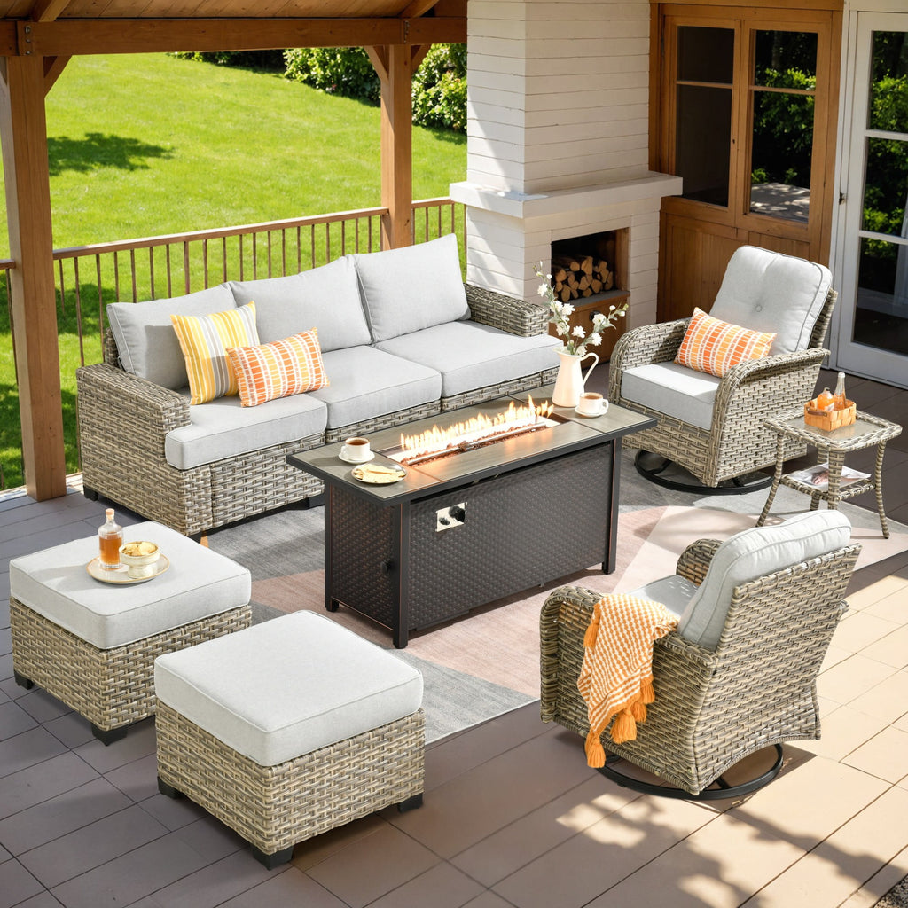 Ovios 9 Pieces Outdoor Patio Sectional Furniture with Gas Propane Fire Pit Table All-Weather Rattan Wicker Conversation Set with Swivel Glider Rocking Chair for Backyard