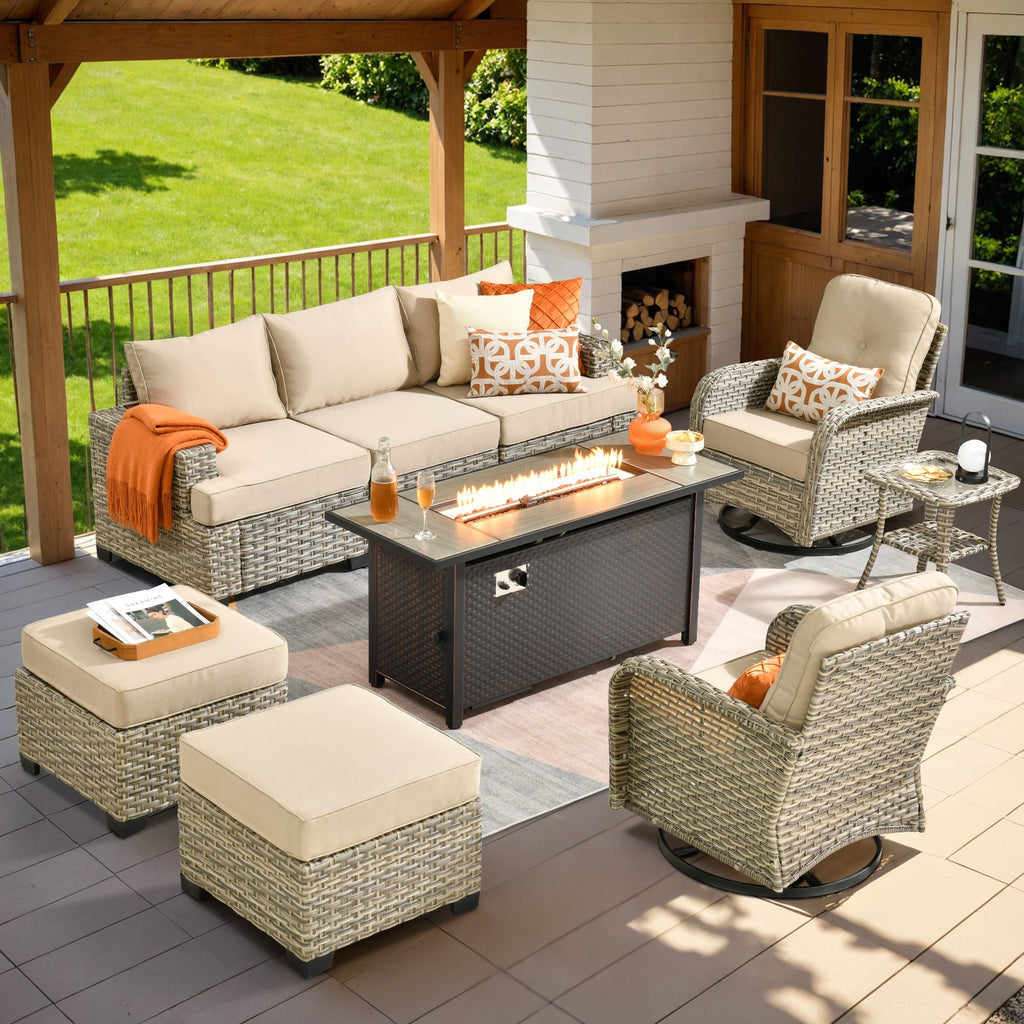 Ovios 9 Pieces Outdoor Patio Sectional Furniture with Gas Propane Fire Pit Table All-Weather Rattan Wicker Conversation Set with Swivel Glider Rocking Chair for Backyard