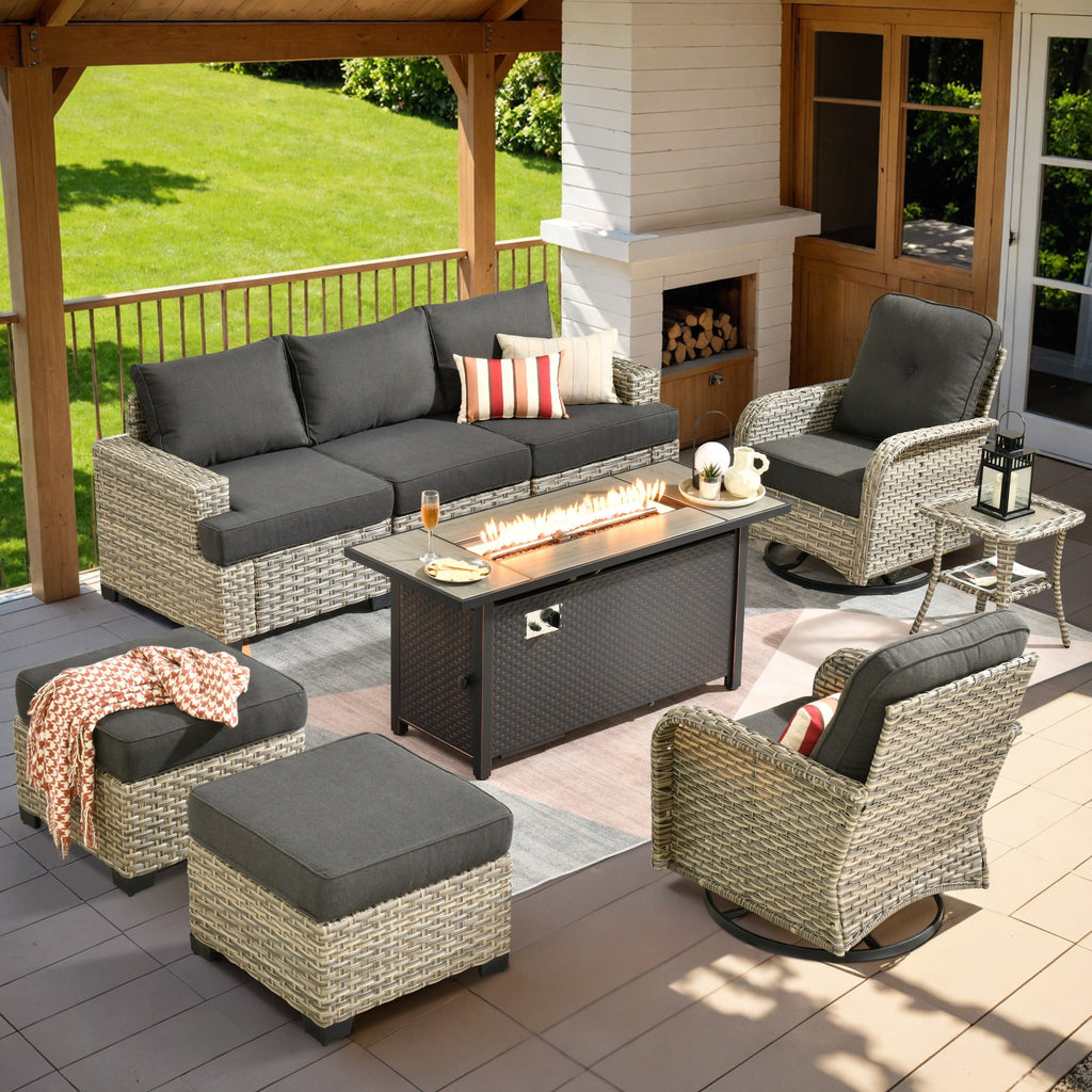 Ovios 9 Pieces Outdoor Patio Sectional Furniture with Gas Propane Fire Pit Table All-Weather Rattan Wicker Conversation Set with Swivel Glider Rocking Chair for Backyard