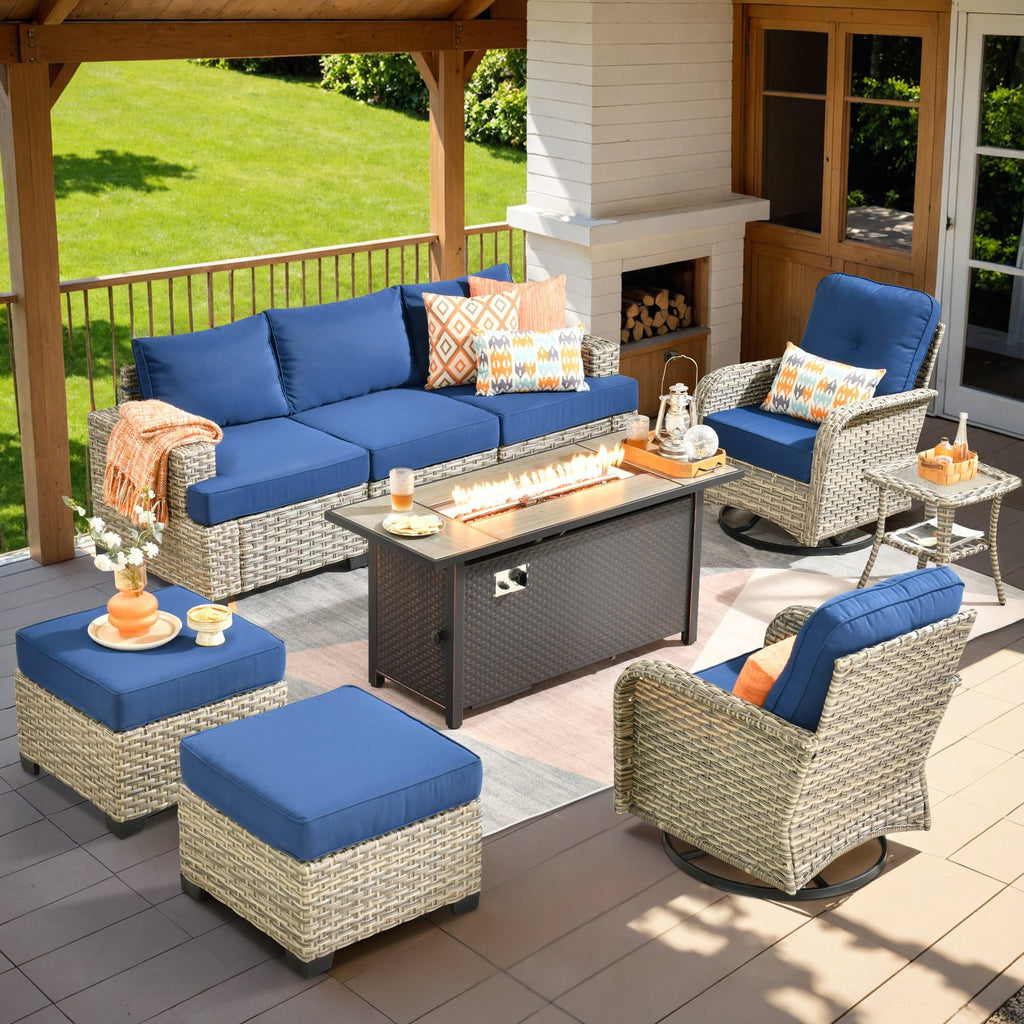 Ovios 9 Pieces Outdoor Patio Sectional Furniture with Gas Propane Fire Pit Table All-Weather Rattan Wicker Conversation Set with Swivel Glider Rocking Chair for Backyard