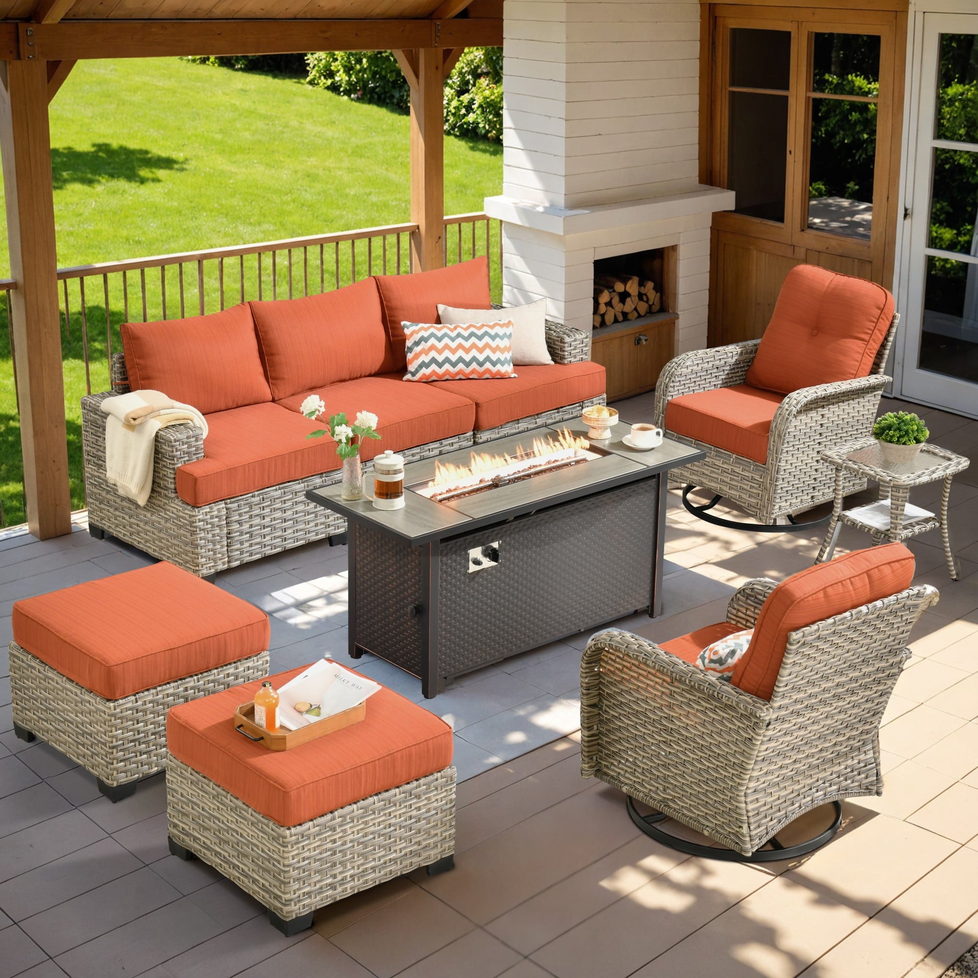 Ovios 9 Pieces Outdoor Patio Sectional Furniture with Gas Propane Fire Pit Table All-Weather Rattan Wicker Conversation Set with Swivel Glider Rocking Chair for Backyard
