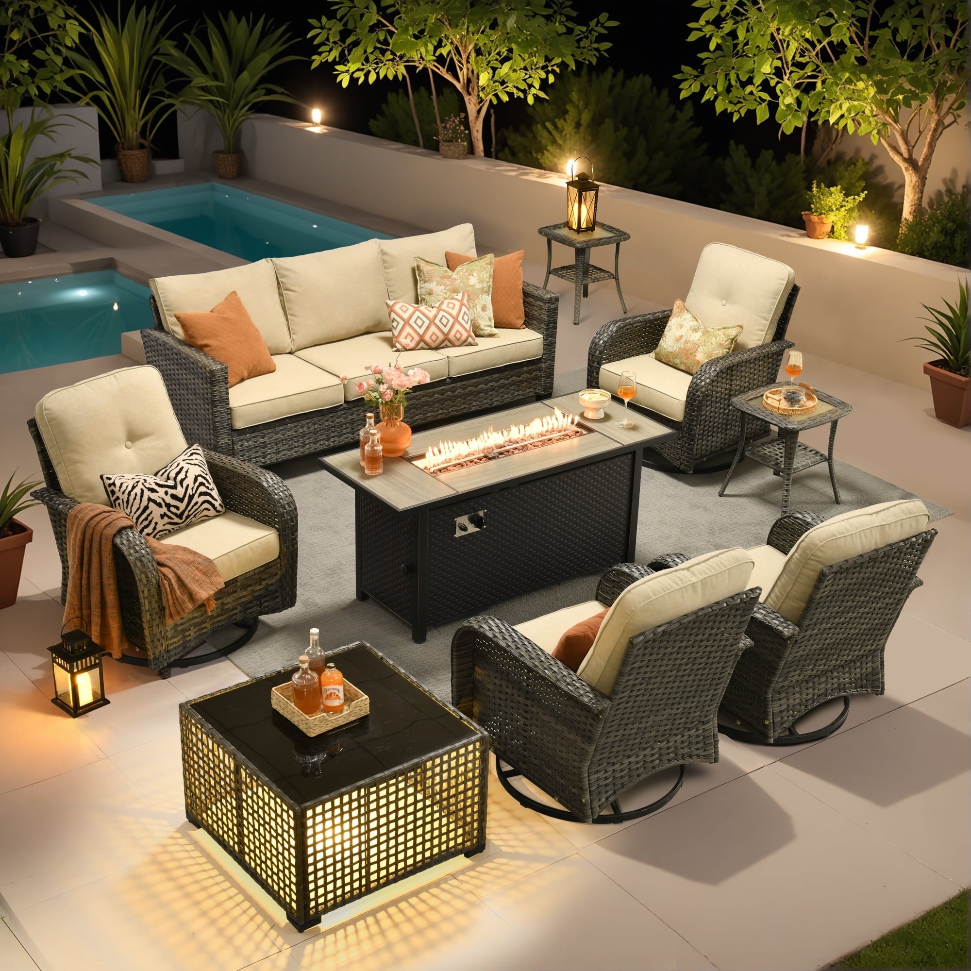 Ovios 9 Pieces Patio Furniture Set with Fire Pit Table Outdoor Conversation All-Weather Rattan Sectional Sofa with Swivel Chairs & Solar Light Table