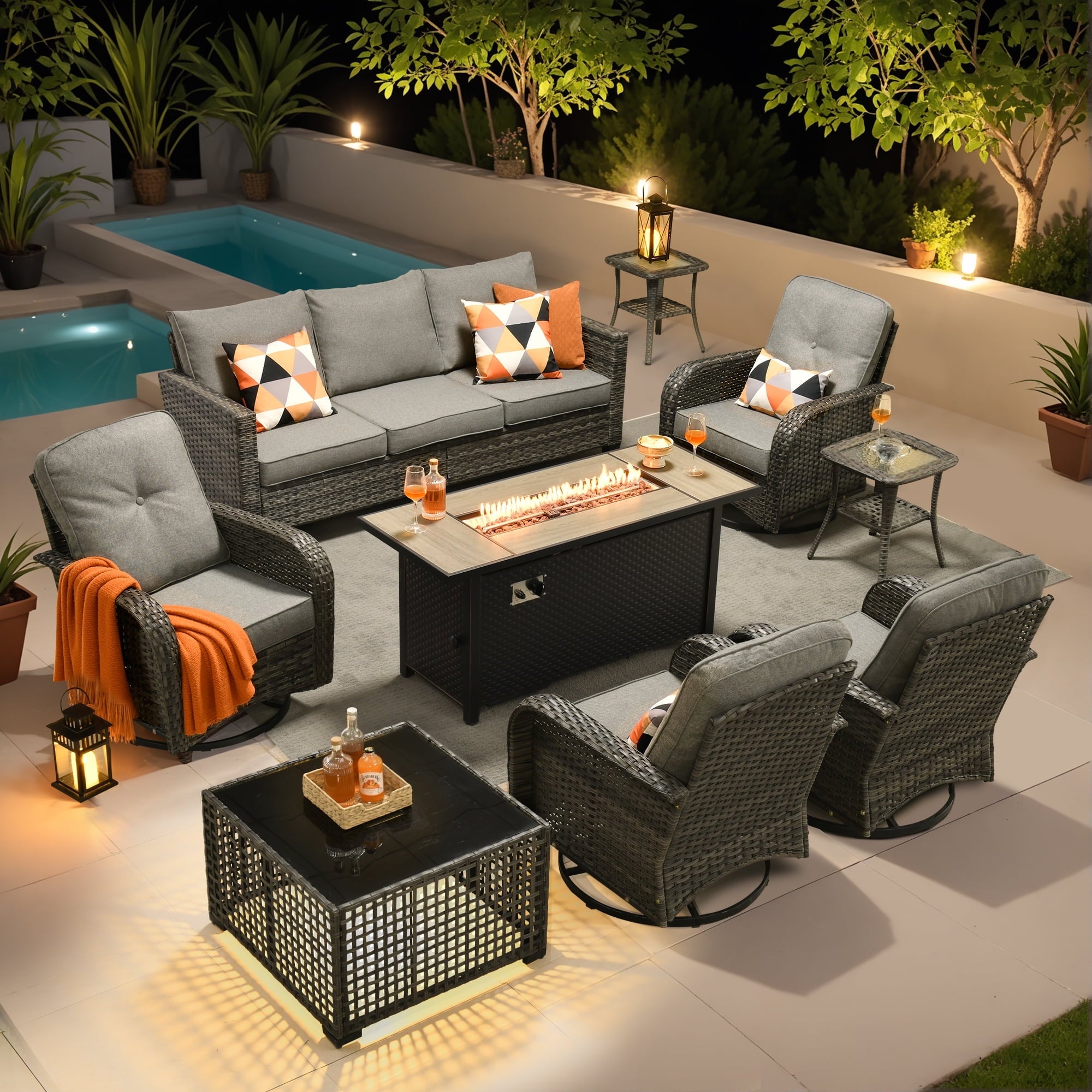 Ovios 9 Pieces Patio Furniture Set with Fire Pit Table Outdoor Conversation All-Weather Rattan Sectional Sofa with Swivel Chairs & Solar Light Table