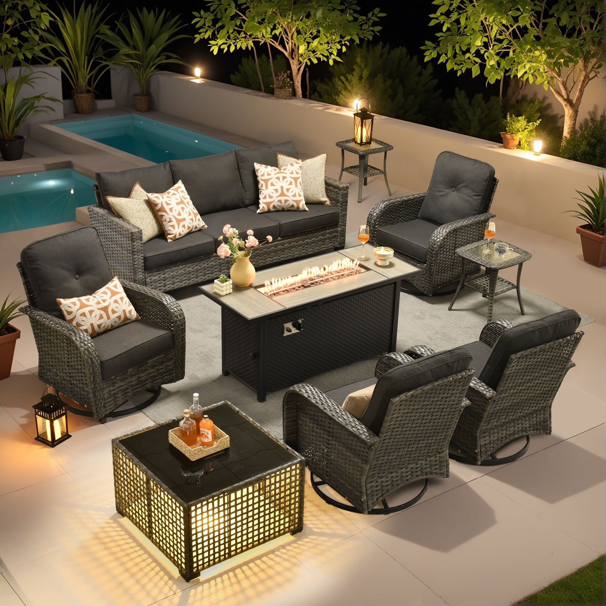 Ovios 9 Pieces Patio Furniture Set with Fire Pit Table Outdoor Conversation All-Weather Rattan Sectional Sofa with Swivel Chairs & Solar Light Table