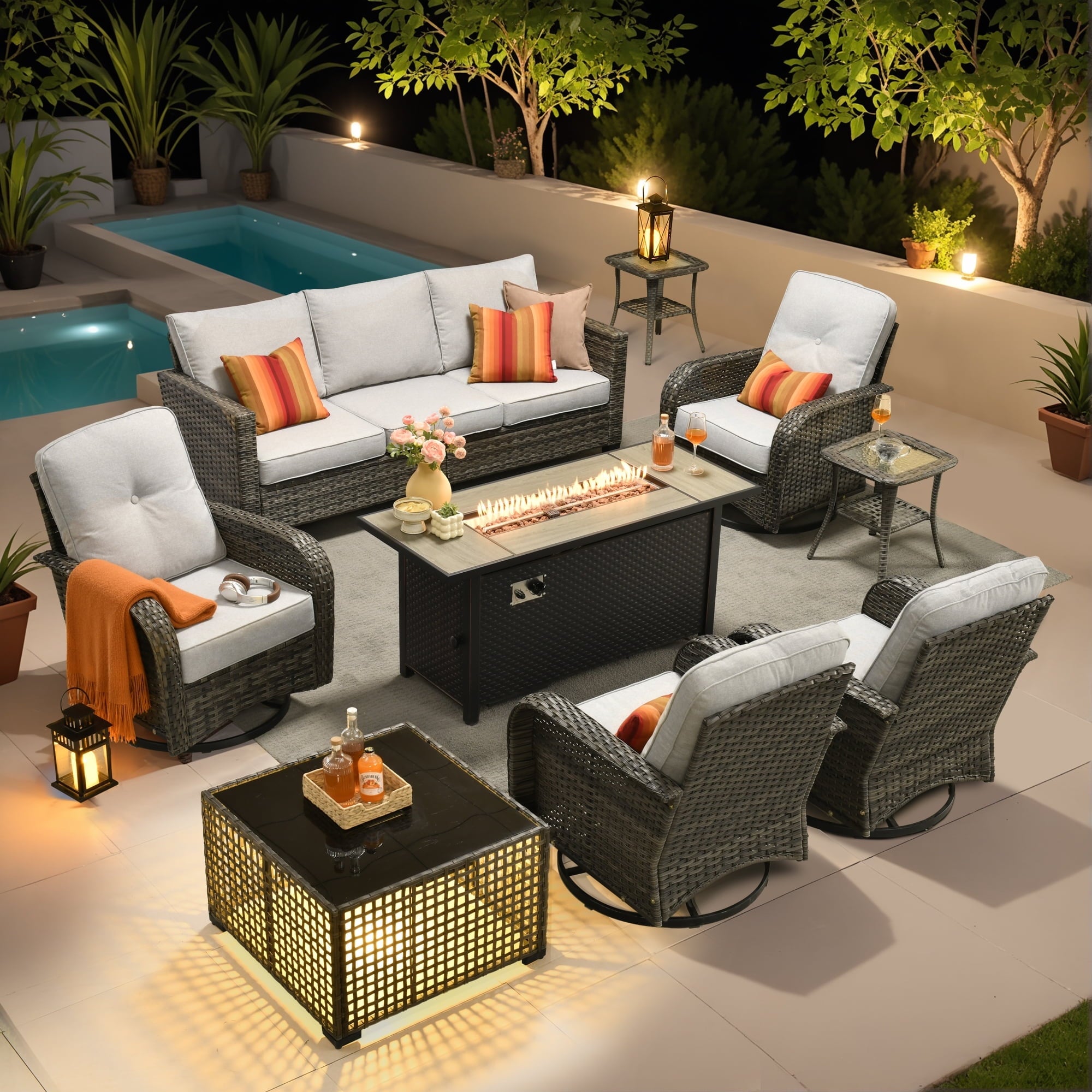 Ovios 9 Pieces Patio Furniture Set with Fire Pit Table Outdoor Conversation All-Weather Rattan Sectional Sofa with Swivel Chairs & Solar Light Table