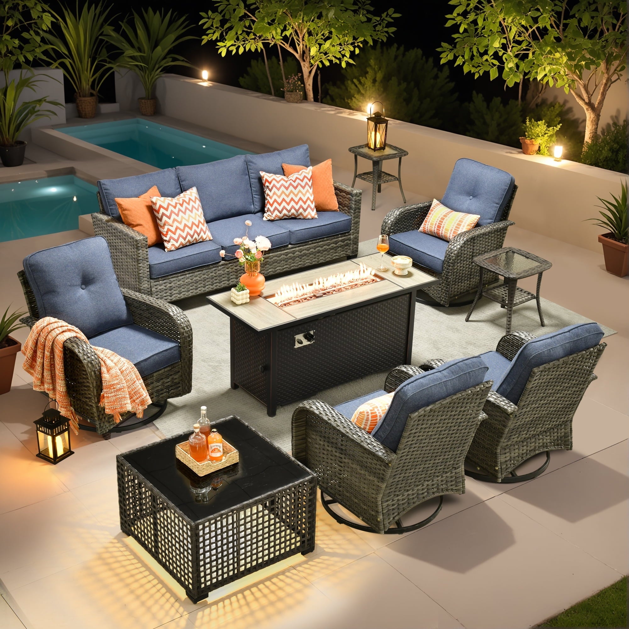 Ovios 9 Pieces Patio Furniture Set with Fire Pit Table Outdoor Conversation All-Weather Rattan Sectional Sofa with Swivel Chairs & Solar Light Table