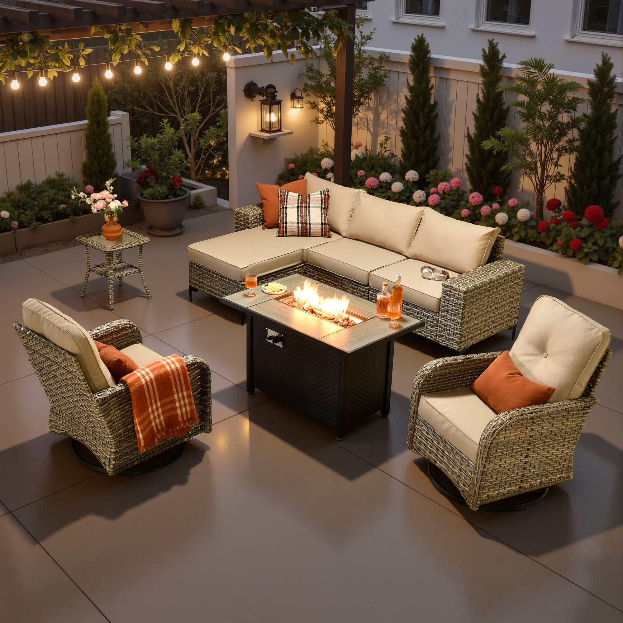Ovios 9 Pieces Wicker Patio Furniture Sets Outdoor Conversation Sectional Sofa with Swivel Chairs & Fire Pit