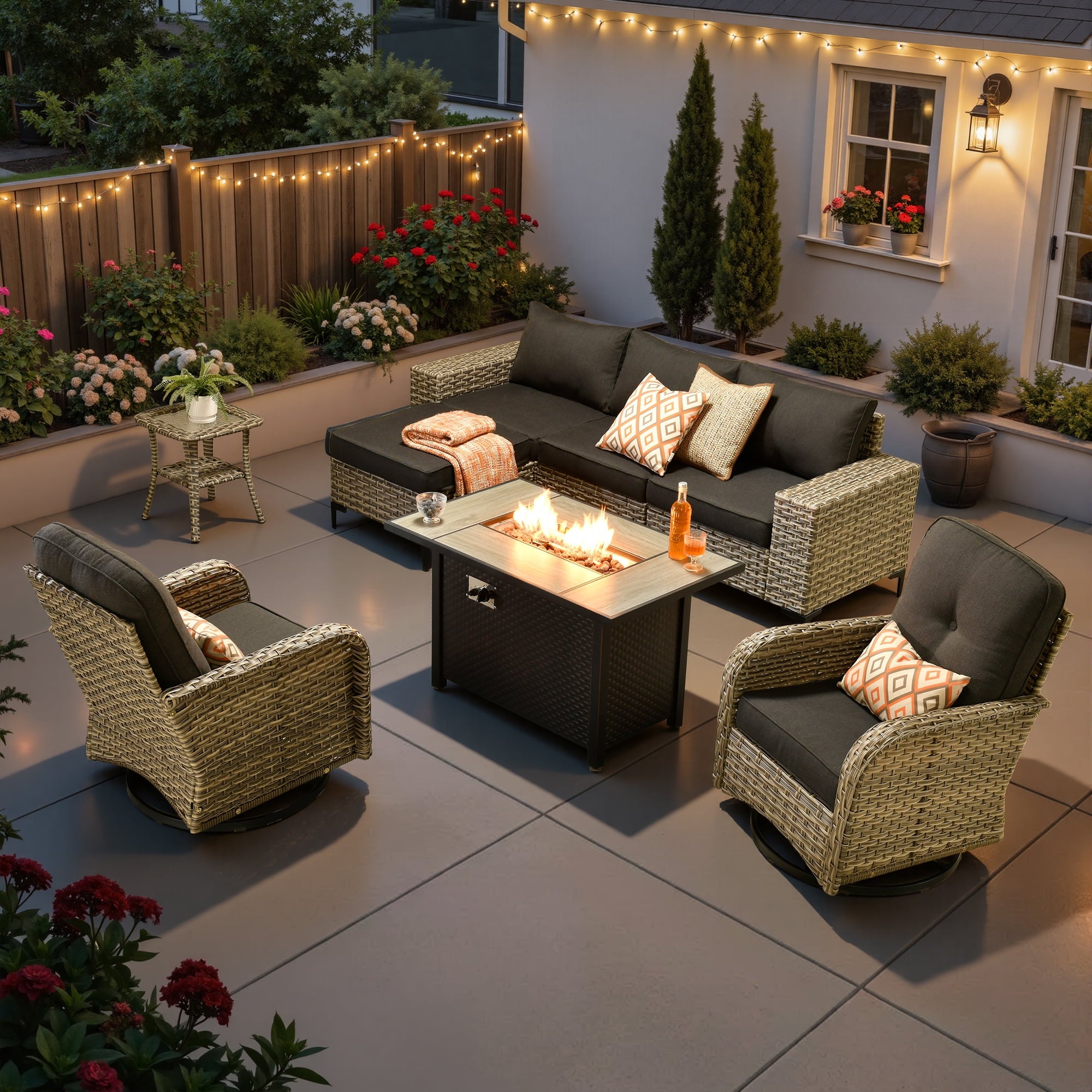 Ovios 9 Pieces Wicker Patio Furniture Sets Outdoor Conversation Sectional Sofa with Swivel Chairs & Fire Pit