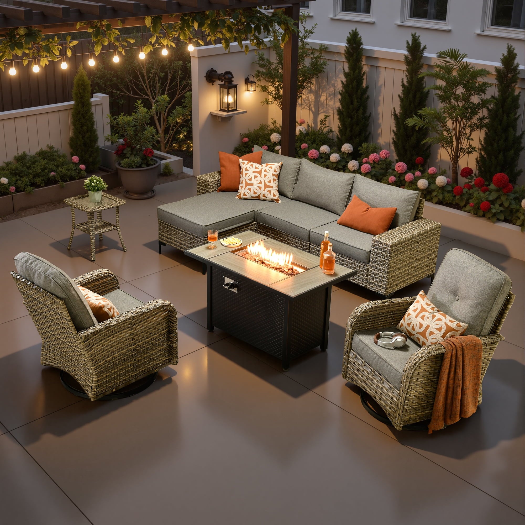 Ovios 9 Pieces Wicker Patio Furniture Sets Outdoor Conversation Sectional Sofa with Swivel Chairs & Fire Pit