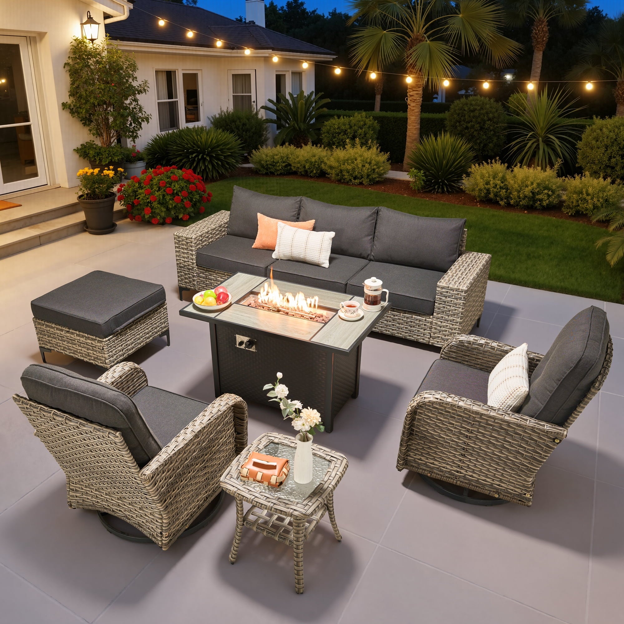Ovios 8 Pieces Wicker Patio Furniture Sets Outdoor Conversation Sectional Sofa with Swivel Chairs & Fire Pit