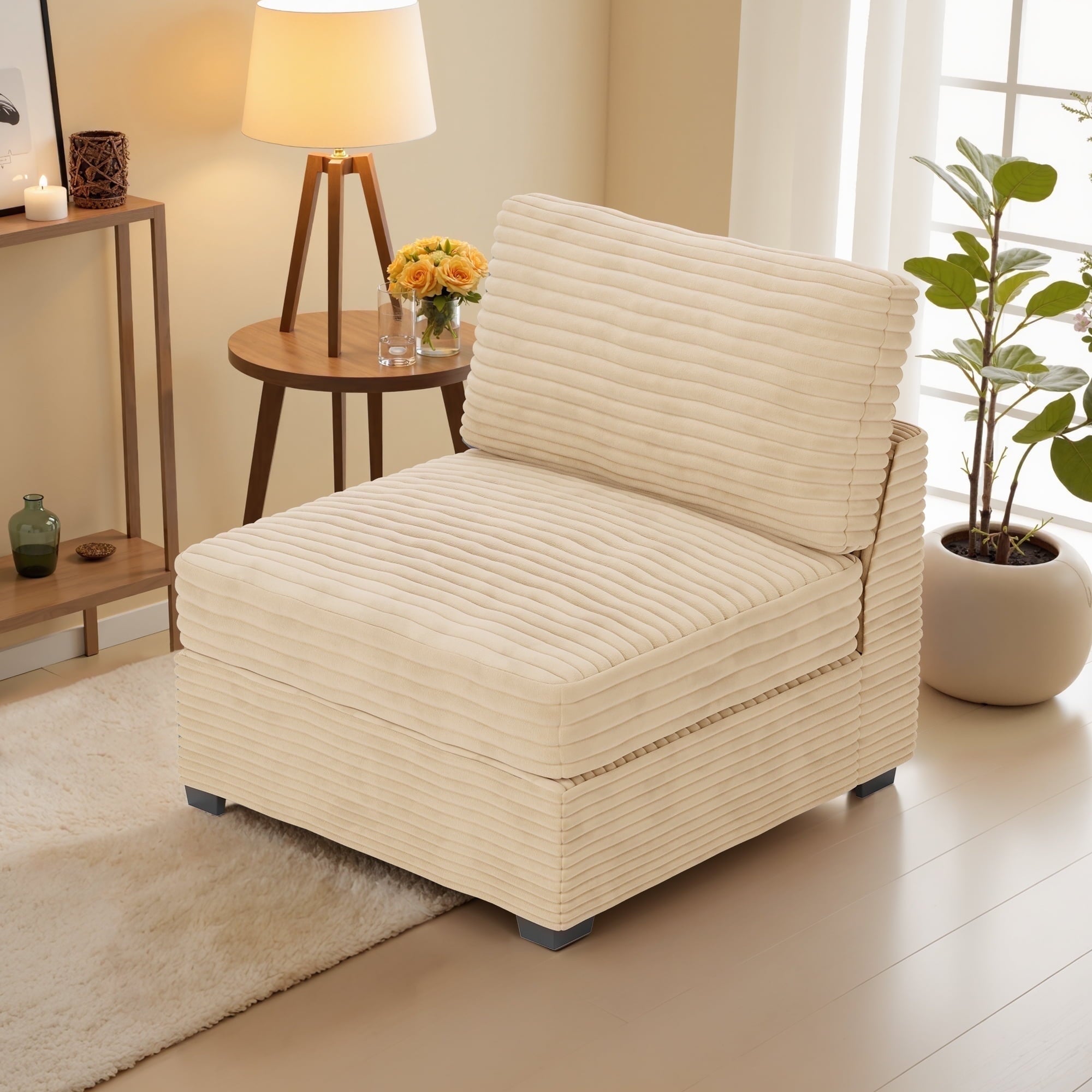 Ovios 32" Corner Seat Module for Modular Sectional Sofa Plush Corduroy Upholstery Cloud Corner Chair with Pillow for Living Room, Bedroom, Beige