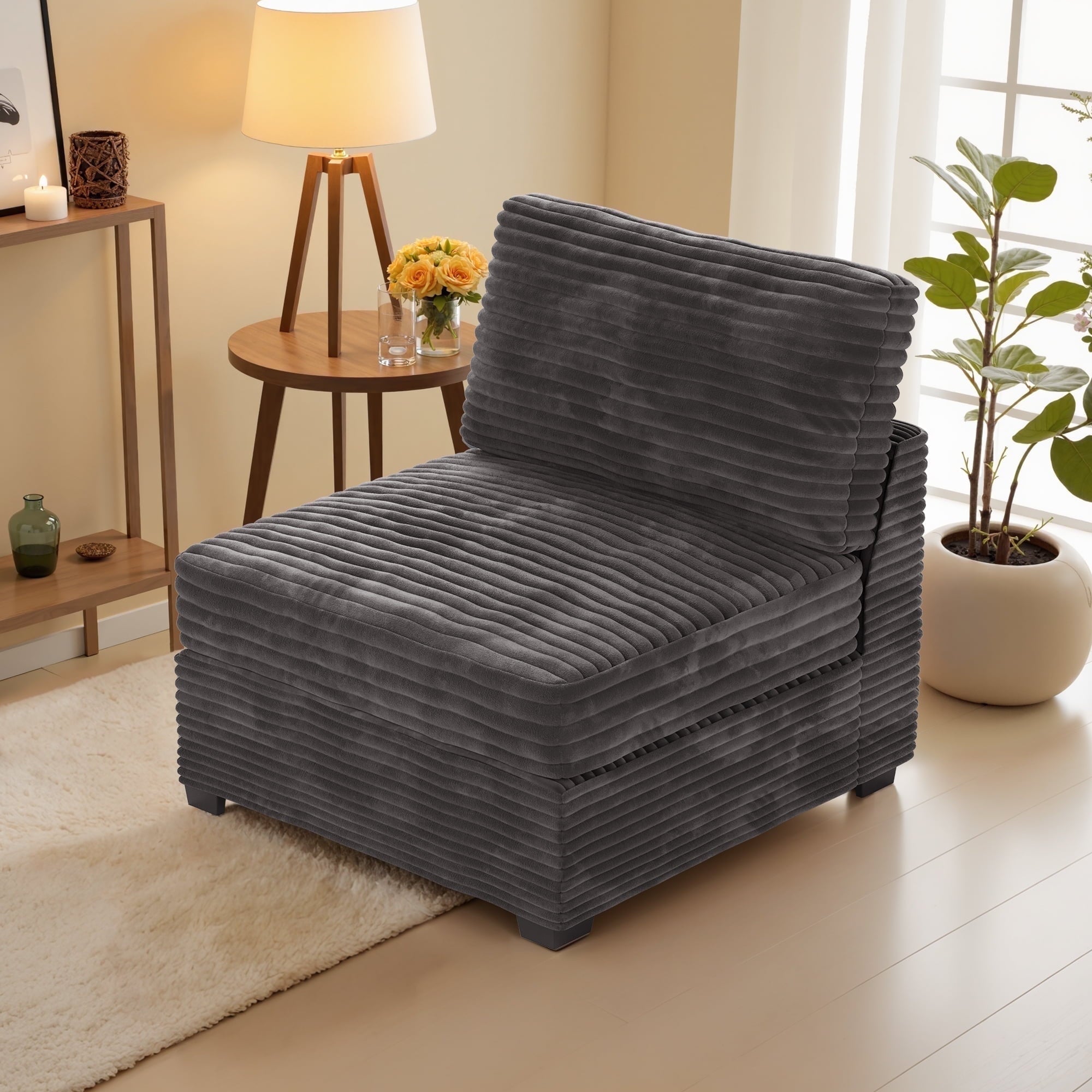 Ovios 32" Corner Seat Module for Modular Sectional Sofa Plush Corduroy Upholstery Cloud Corner Chair with Pillow for Living Room, Bedroom, Beige
