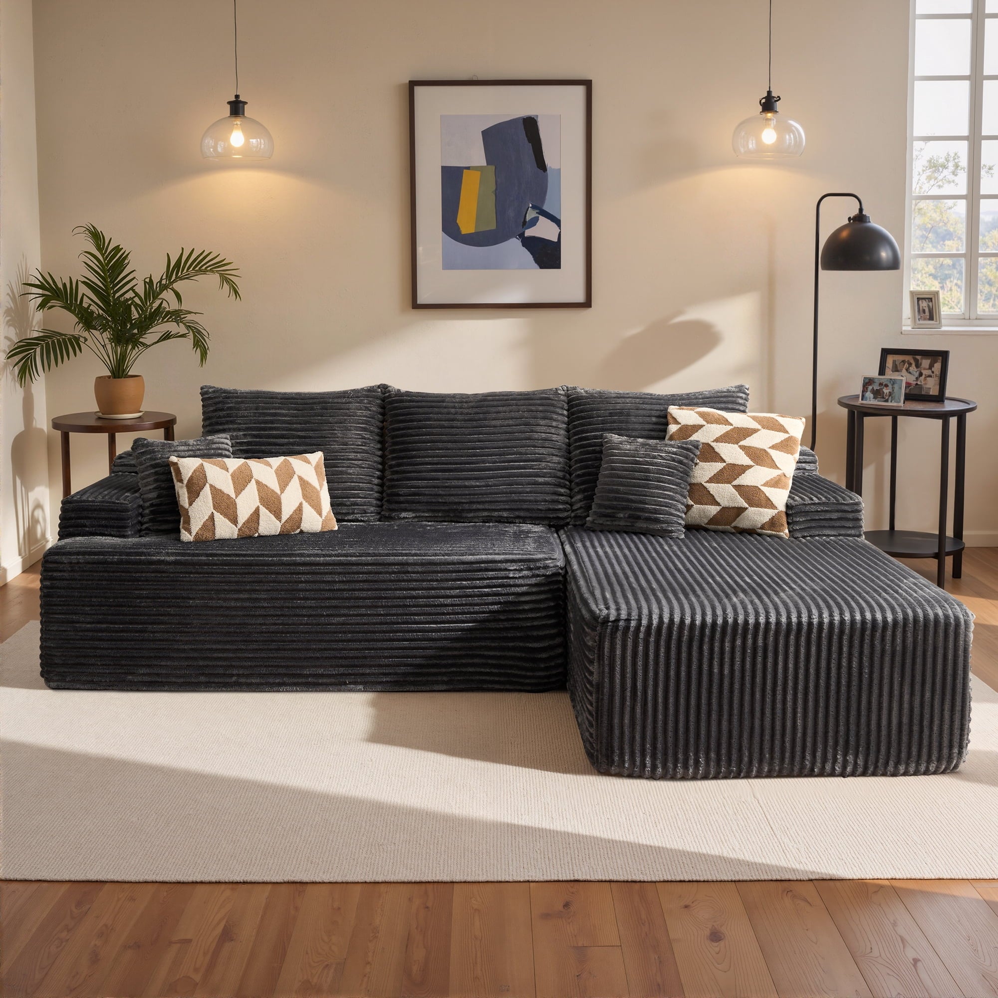 Ovios Corduroy L-Shaped Sectional Sofa with Chaise, No Assembly Required, Modular Comfy Couch, Beige(Left Facing Chaise)