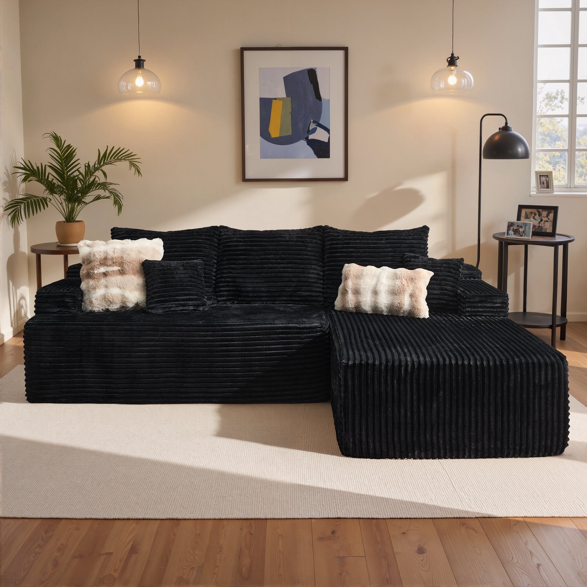 Ovios Corduroy L-Shaped Sectional Sofa with Chaise, No Assembly Required, Modular Comfy Couch, Beige(Left Facing Chaise)