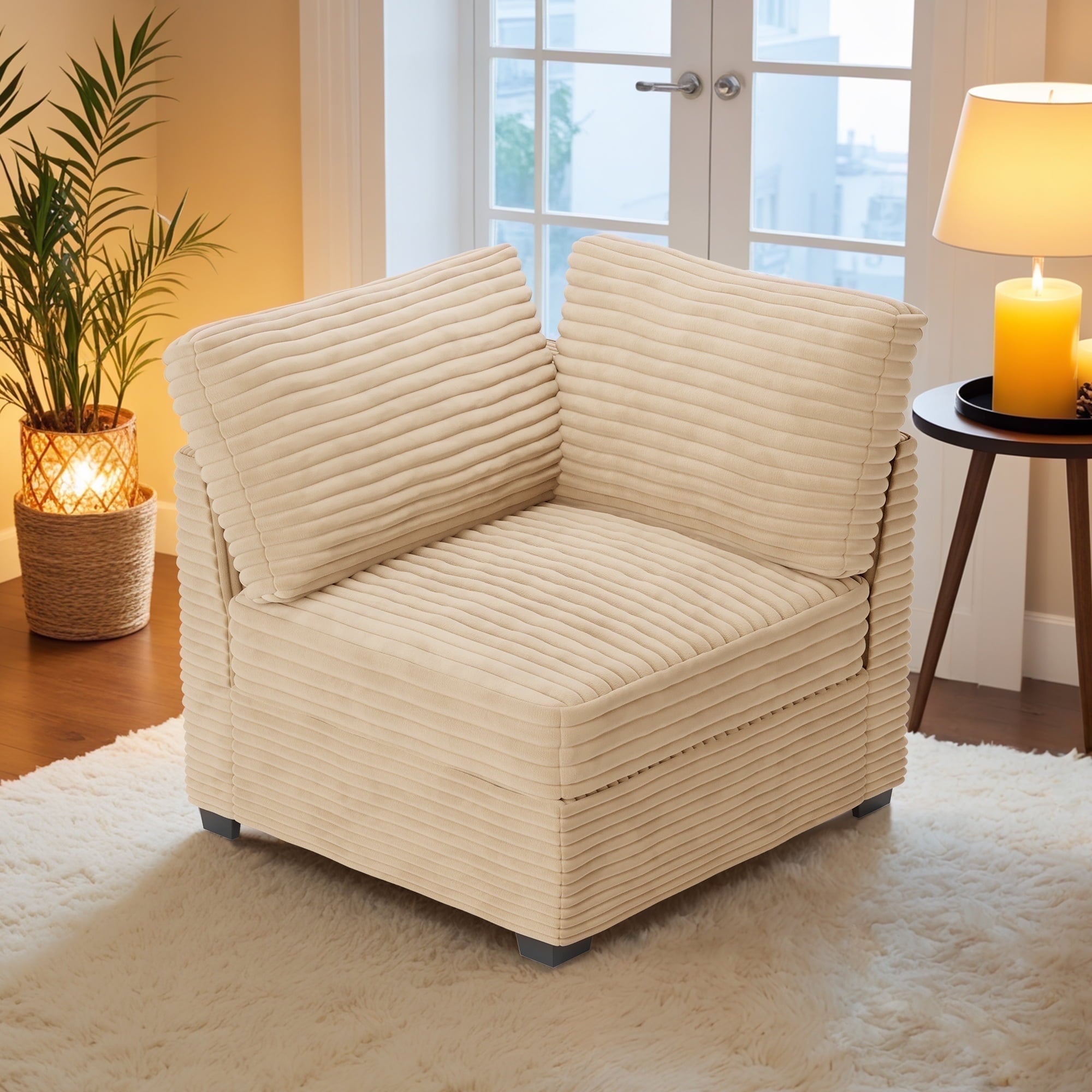 Ovios 32" Corner Seat Module for Modular Sectional Sofa Plush Corduroy Upholstery Cloud Corner Chair with Pillow for Living Room, Bedroom, Beige