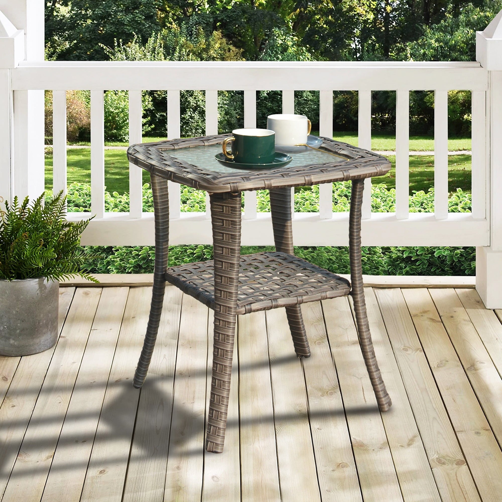 Ovios Outdoor Coffee Table Wicker Patio Furniture Rattan Side Tea Tables with Glass Top Backyard Decor