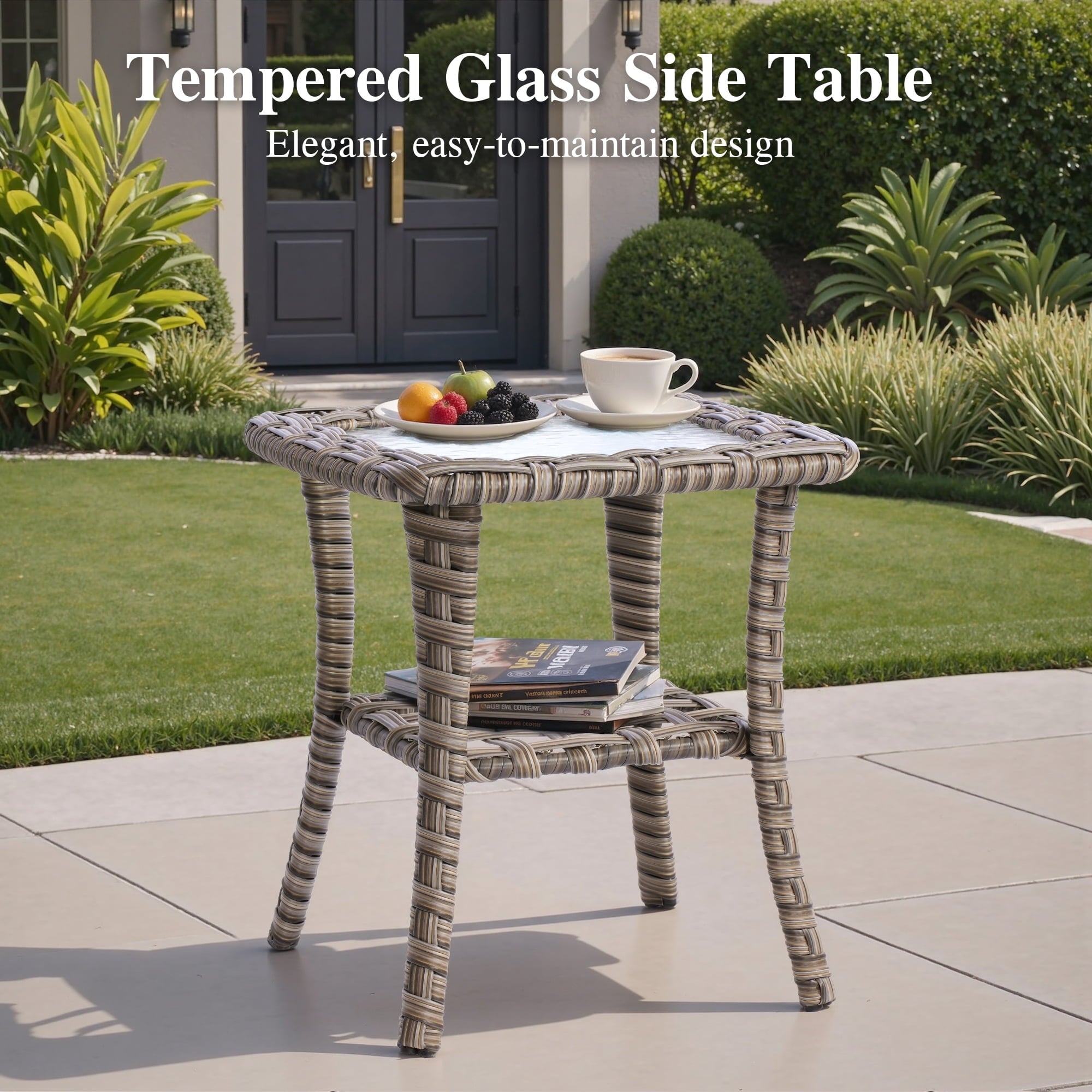 Ovios Outdoor Coffee Table Wicker Patio Furniture Rattan Side Tea Tables with Glass Top Backyard Decor