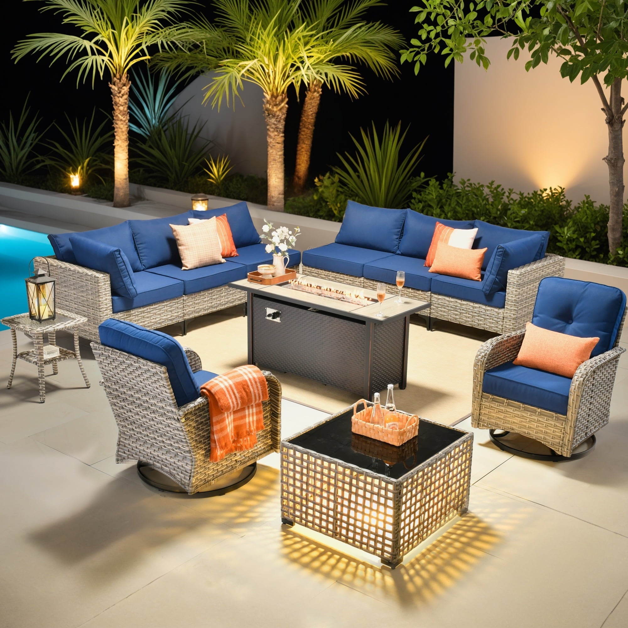 Ovios 11-piece outdoor patio conversation set with swivel chairs and fire pit table