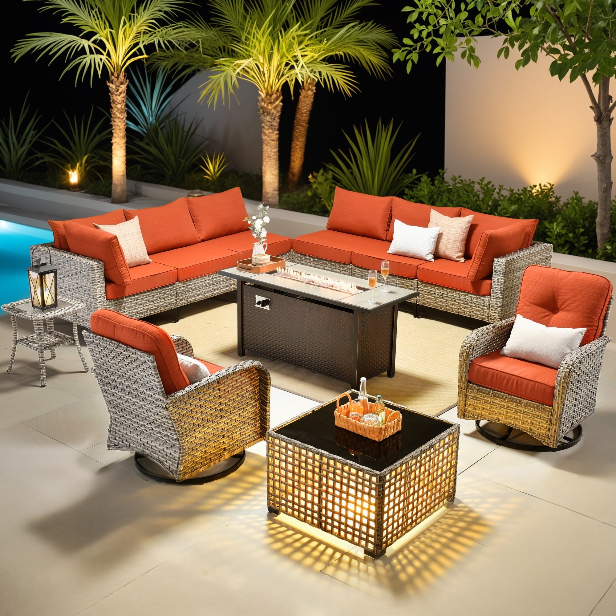 Ovios 11-piece outdoor patio conversation set with swivel chairs and fire pit table