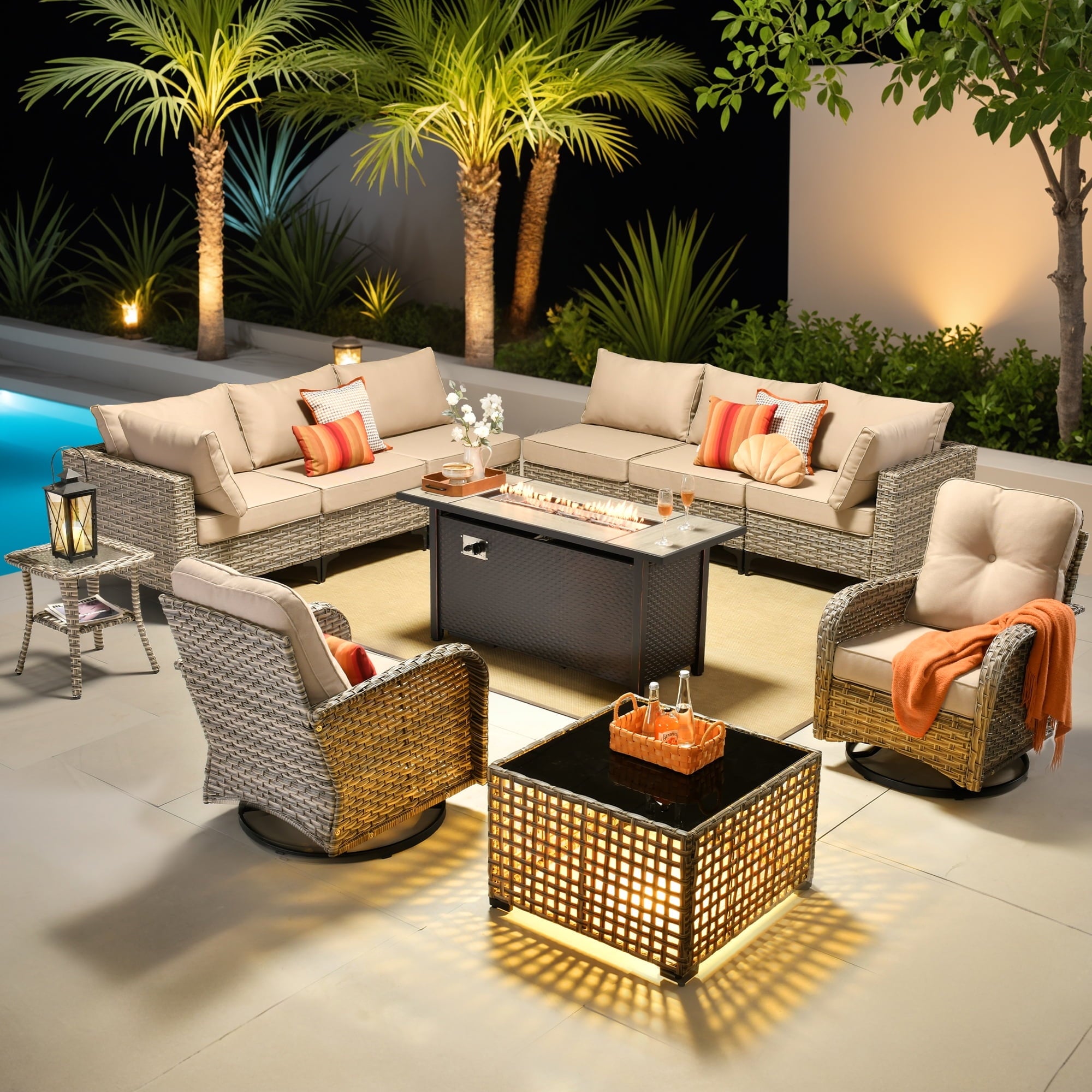 Ovios 11-piece outdoor patio conversation set with swivel chairs and fire pit table