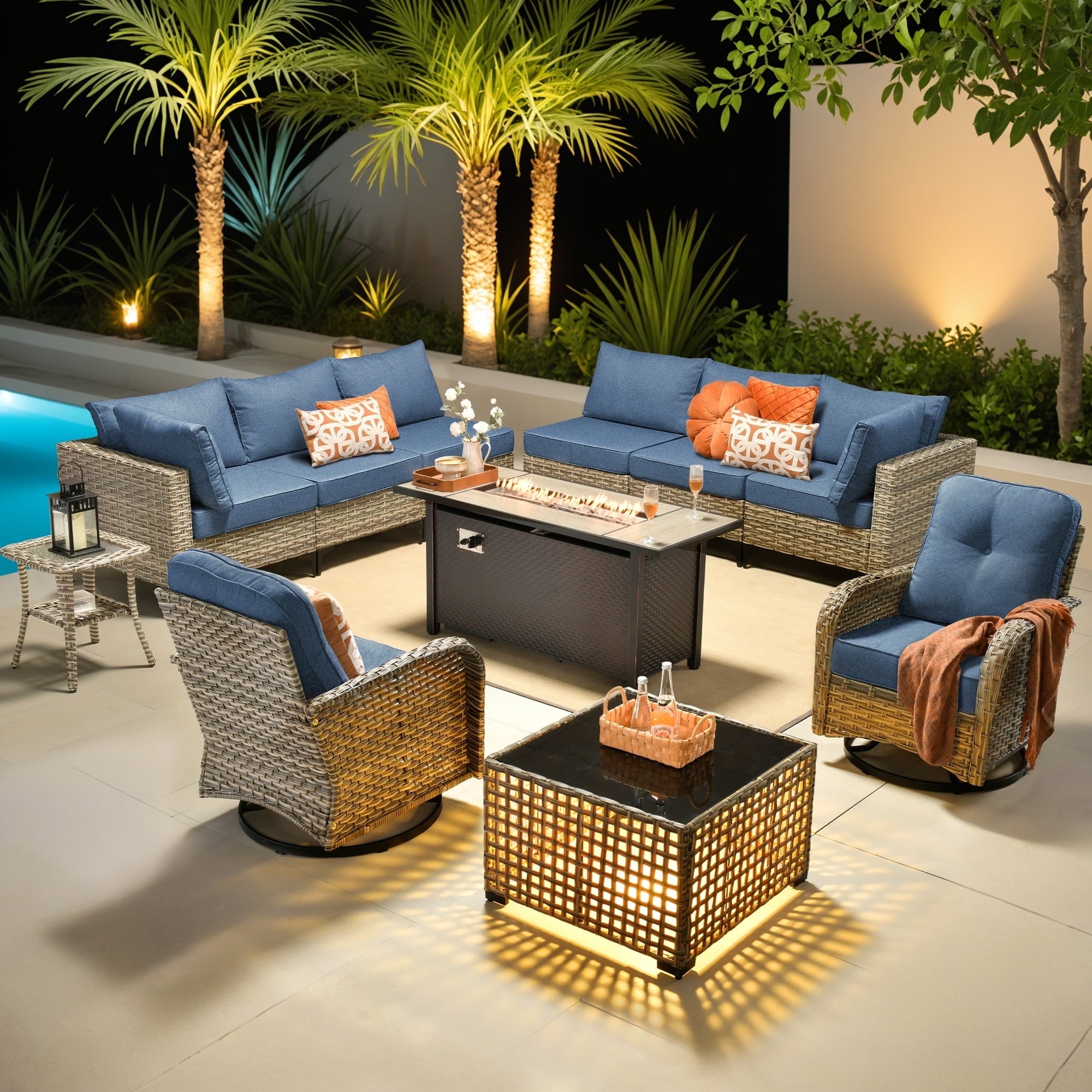 Ovios 11-piece outdoor patio conversation set with swivel chairs and fire pit table