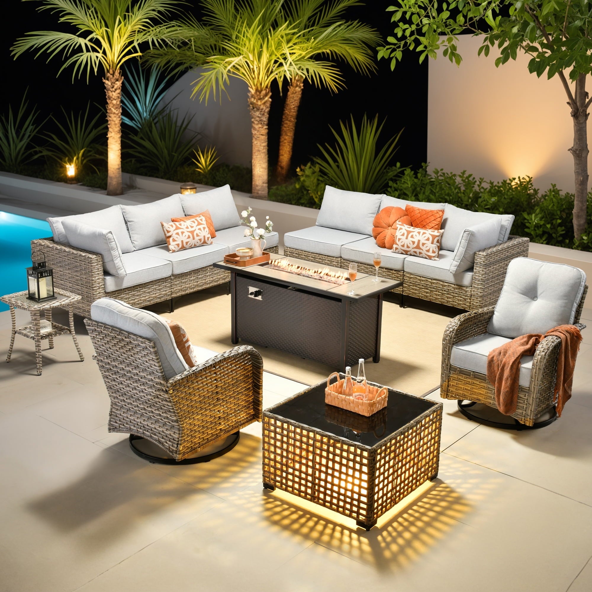 Ovios 11-piece outdoor patio conversation set with swivel chairs and fire pit table