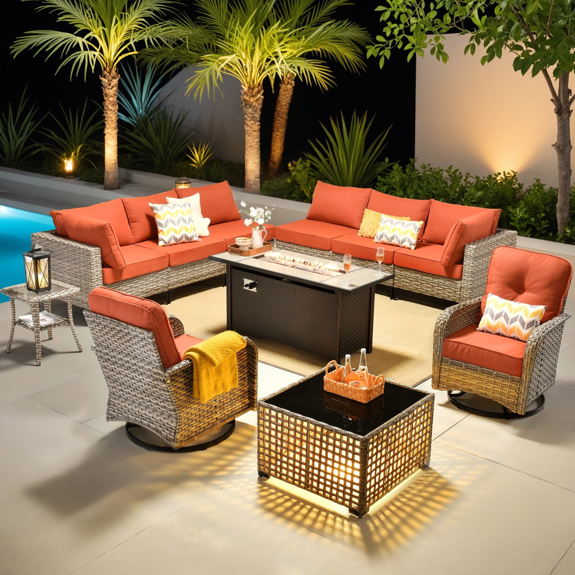 Ovios 11-piece outdoor patio conversation set with swivel chairs and fire pit table