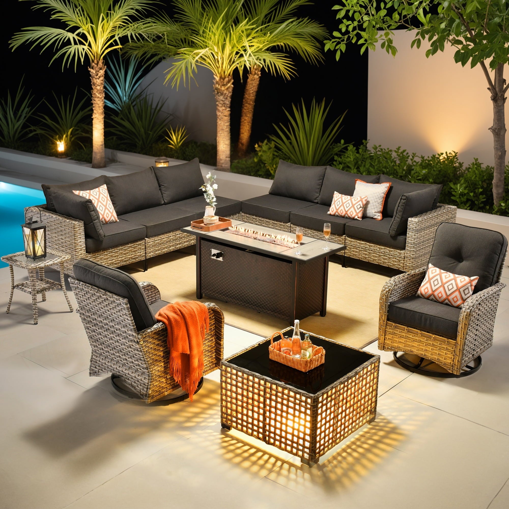 Ovios 11-piece outdoor patio conversation set with swivel chairs and fire pit table