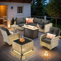 Ovios Outdoor Patio Furniture Set 9 Pieces Rattan Wicker Sectional with 42" Gas Fire Pit, Swivel Chairs, Solar Table, Black
