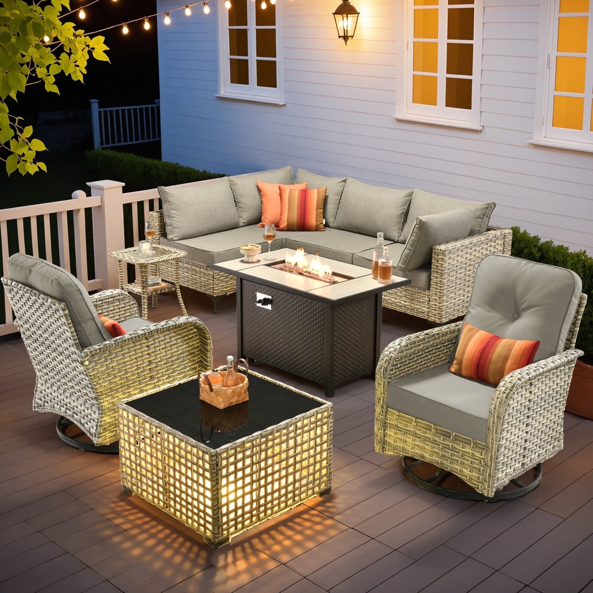 Ovios Outdoor Patio Furniture Set 9 Pieces Rattan Wicker Sectional with 42" Gas Fire Pit, Swivel Chairs, Solar Table, Black