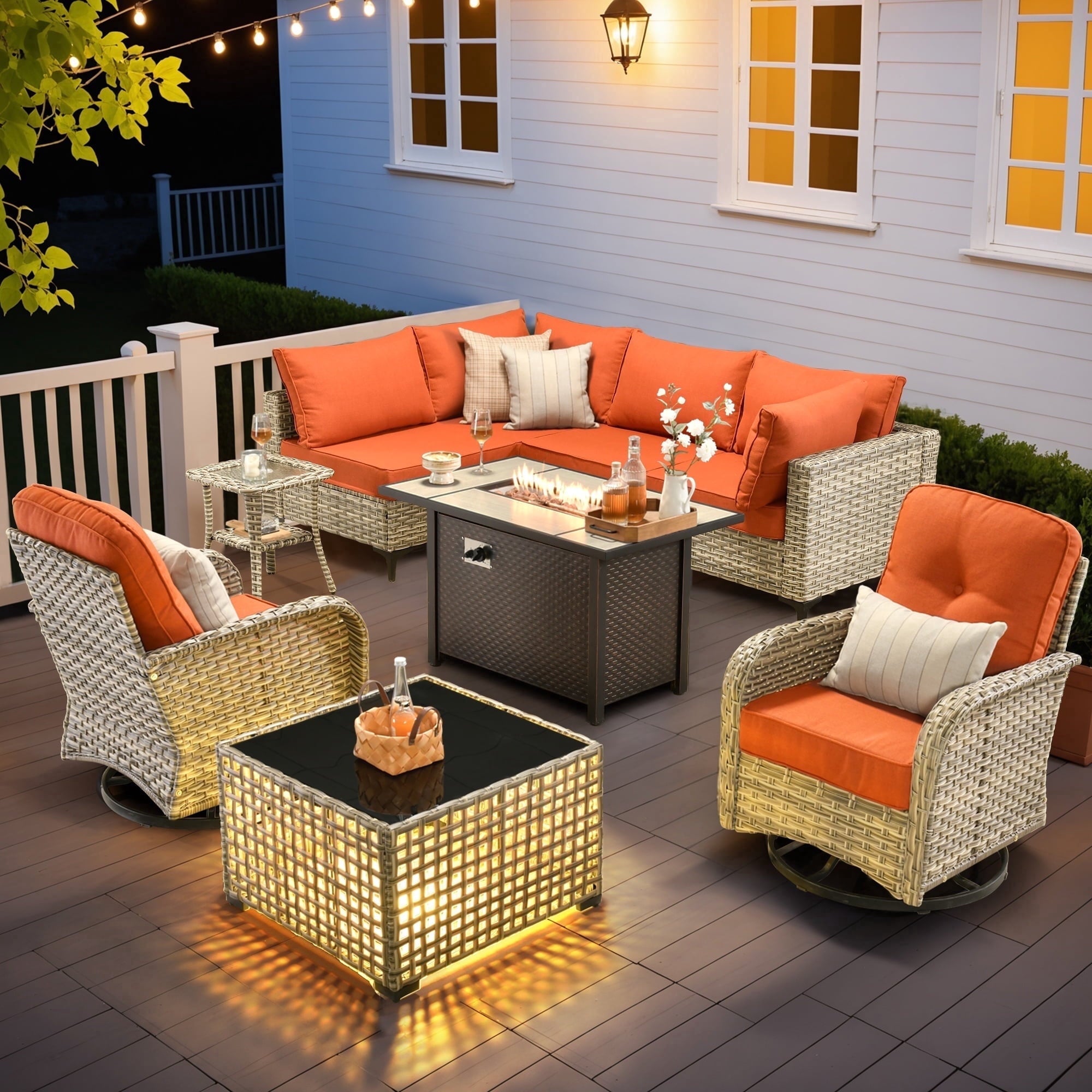 Ovios Outdoor Patio Furniture Set 9 Pieces Rattan Wicker Sectional with 42" Gas Fire Pit, Swivel Chairs, Solar Table, Black