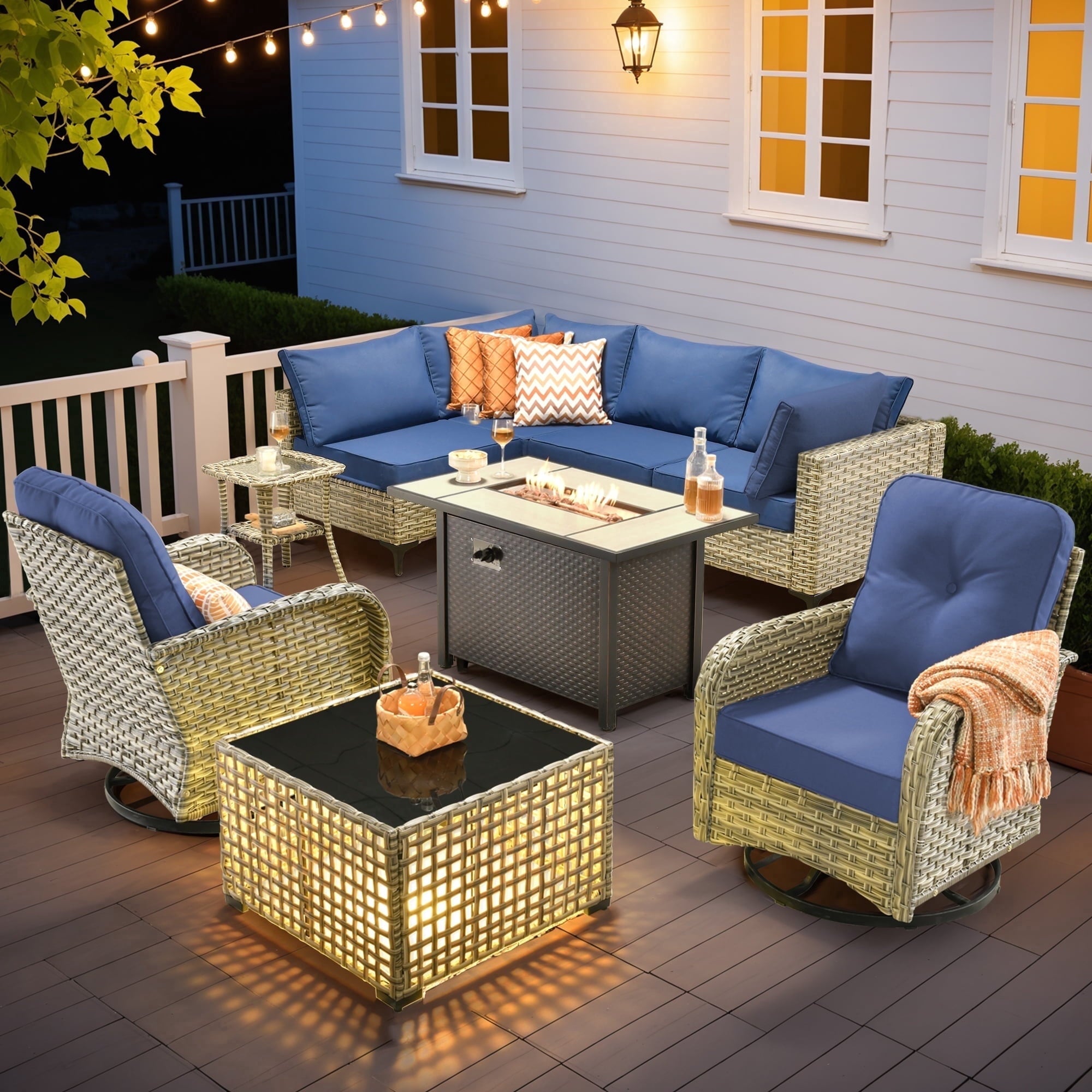 Ovios Outdoor Patio Furniture Set 9 Pieces Rattan Wicker Sectional with 42" Gas Fire Pit, Swivel Chairs, Solar Table, Black
