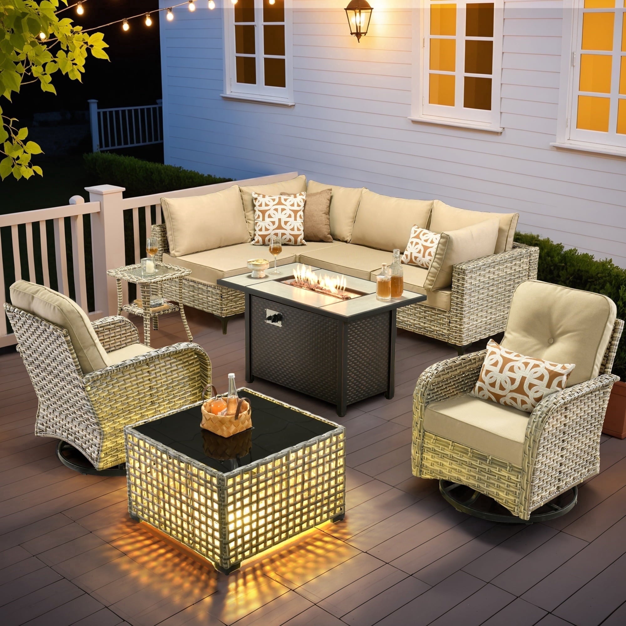 Ovios Outdoor Patio Furniture Set 9 Pieces Rattan Wicker Sectional with 42" Gas Fire Pit, Swivel Chairs, Solar Table, Black