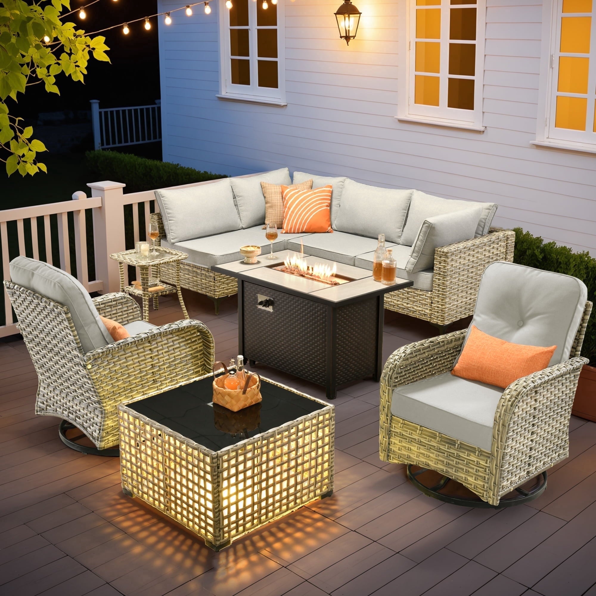 Ovios Outdoor Patio Furniture Set 9 Pieces Rattan Wicker Sectional with 42" Gas Fire Pit, Swivel Chairs, Solar Table, Black