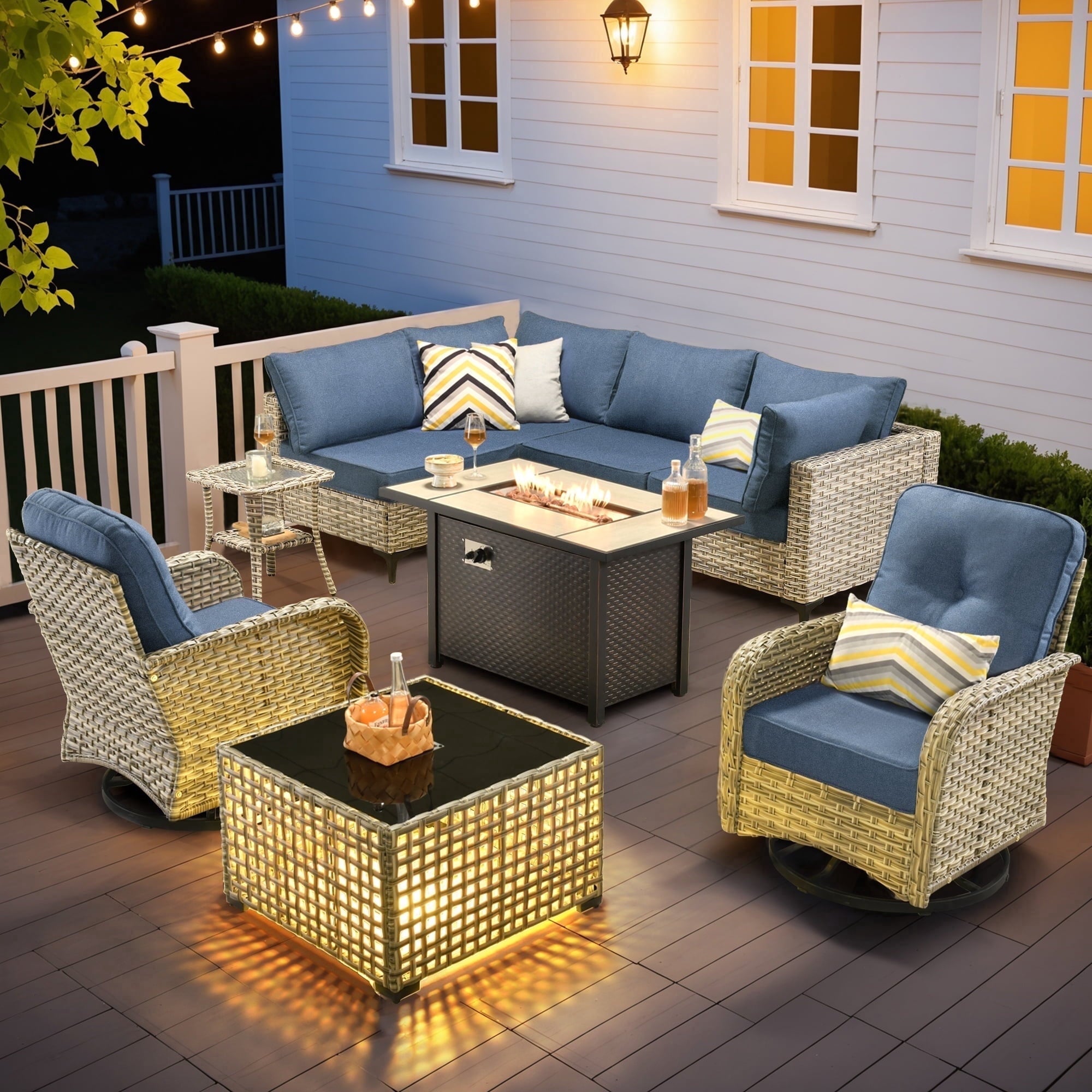 Ovios Outdoor Patio Furniture Set 9 Pieces Rattan Wicker Sectional with 42" Gas Fire Pit, Swivel Chairs, Solar Table, Black