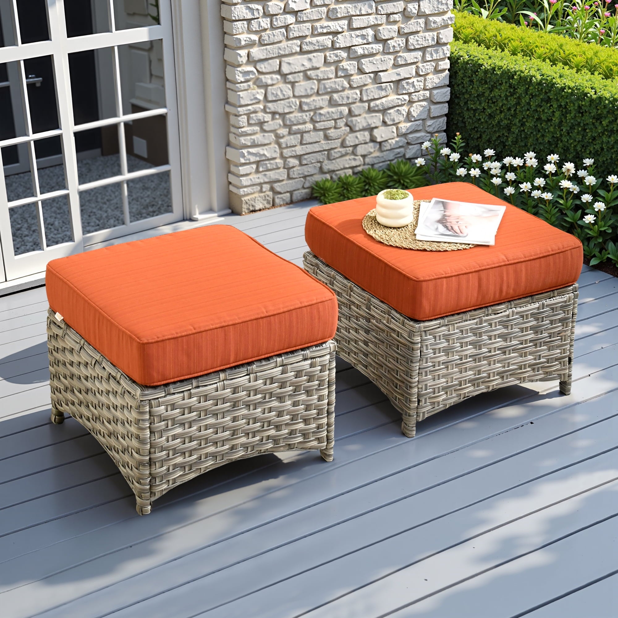 Ovios Outdoor Patio Ottoman with Cushion Wicker Coffee Table Extra Seat for Garden, Backyard, Porch, or Balcony