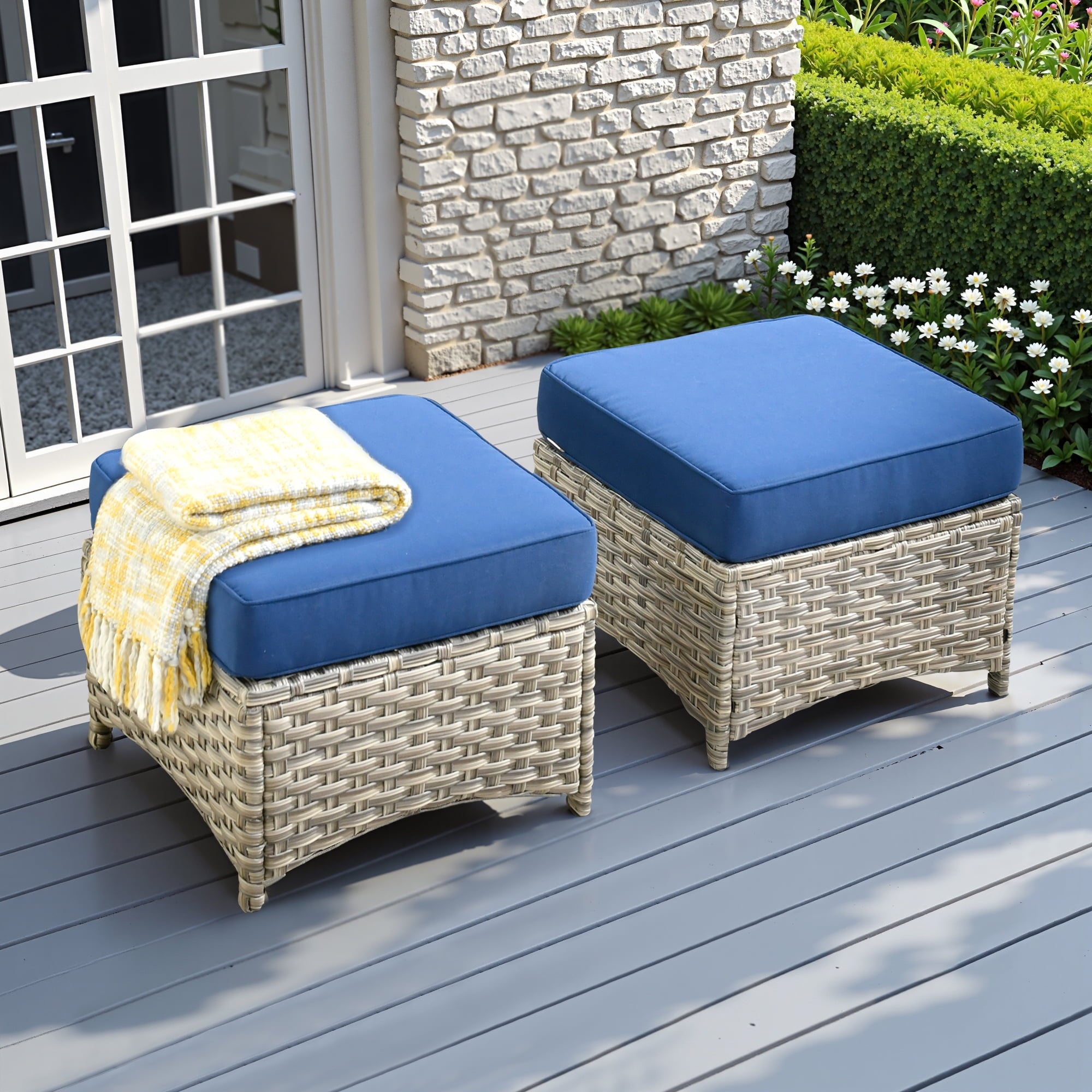 Ovios Outdoor Patio Ottoman with Cushion Wicker Coffee Table Extra Seat for Garden, Backyard, Porch, or Balcony